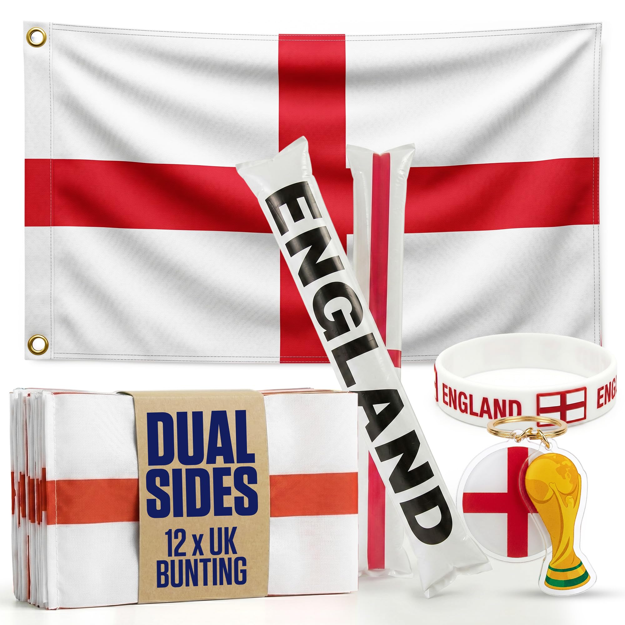 2026 World Cup Supporter Set – 3x5ft England Flag, Bunting, Thundersticks, Wristband & Keyring – England Football Fan Set for World Cup, Parties & Events