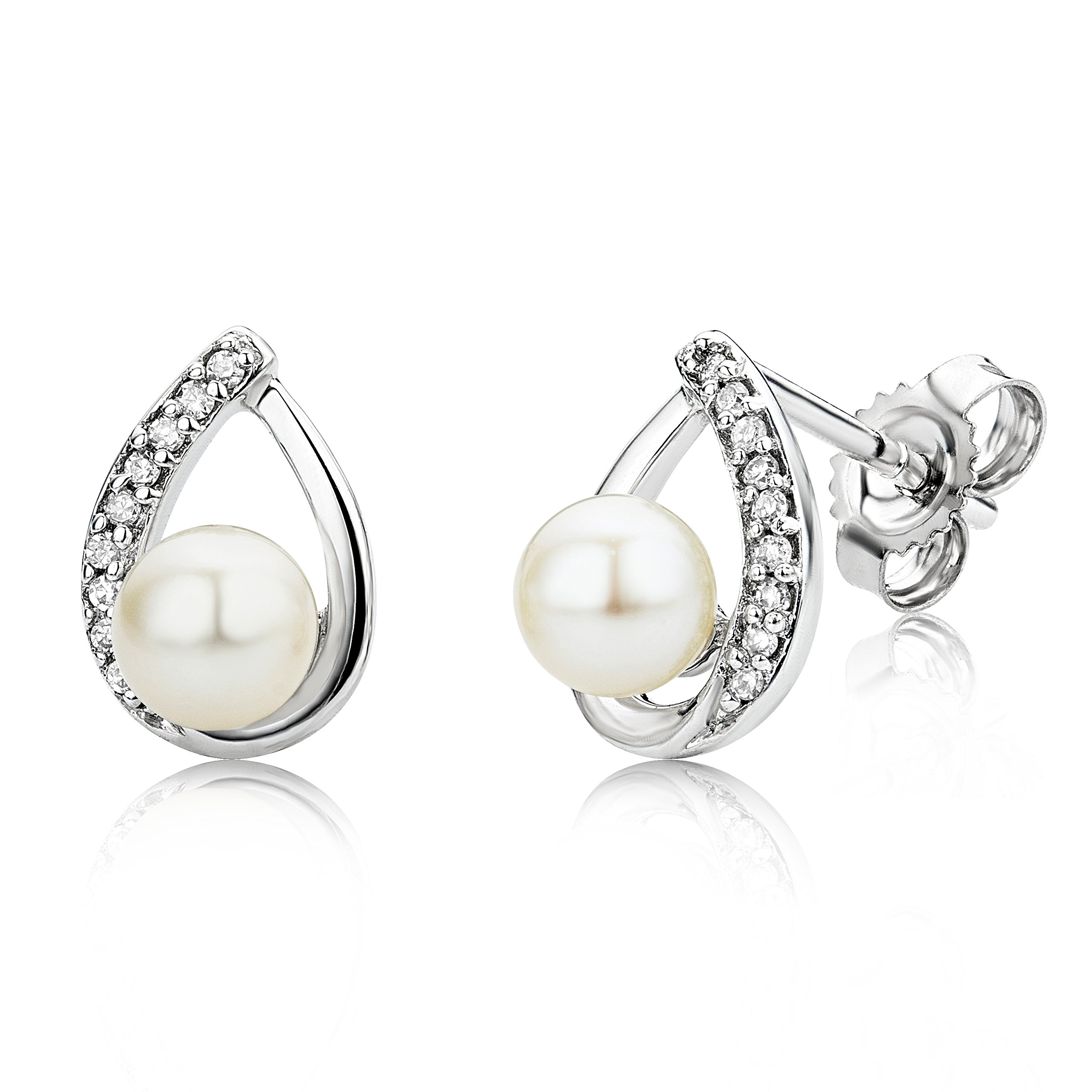 Miore USP031EW - Pendientes de oro blanco de 9 quilates con diamante (.06) con cierre de mariposa a presión