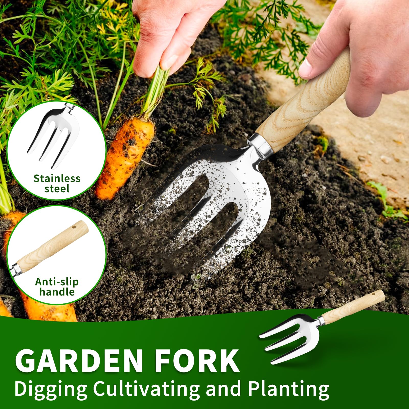 Set di attrezzi da giardino, set di 5 attrezzi da giardinaggio resistenti con pala, rastrello, trapiantatore, grande cazzuola, coltivatore a 5 artigli, in acciaio inox con manici in legno