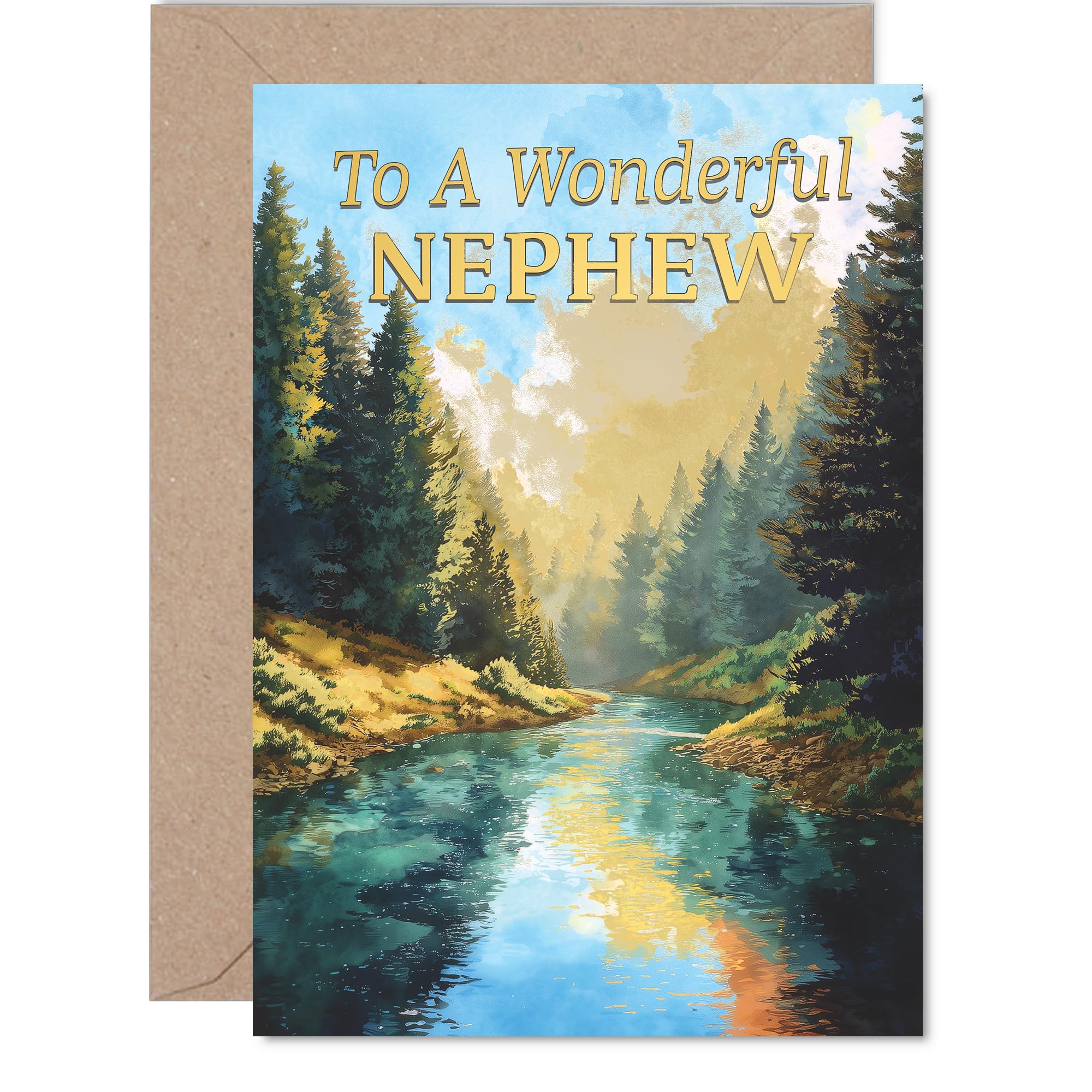 Heartfelt Birthday Card for Nephew - Serene River Scene with Trees - Peaceful Landscape Design in Blue and Green - Warm Wishes for a Special Day - A5, Envelope Included