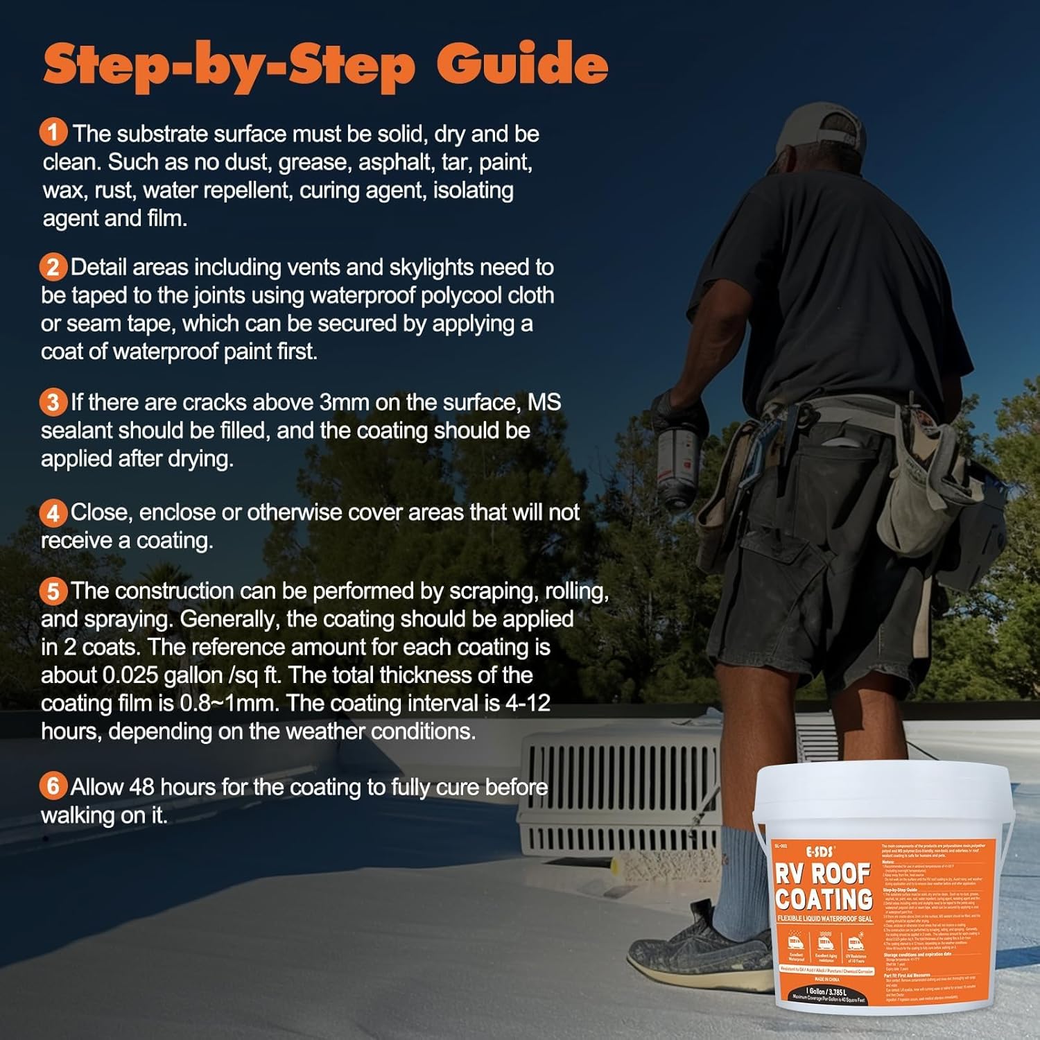 E-SDS RV Roof Sealant Waterproof - White 1 Gallon Liquid Flexible Rubber Repair Sealant Elastomeric Coating for Campers, Trailers, Metal Buildings - Accessories Packaged Inside The Bucket