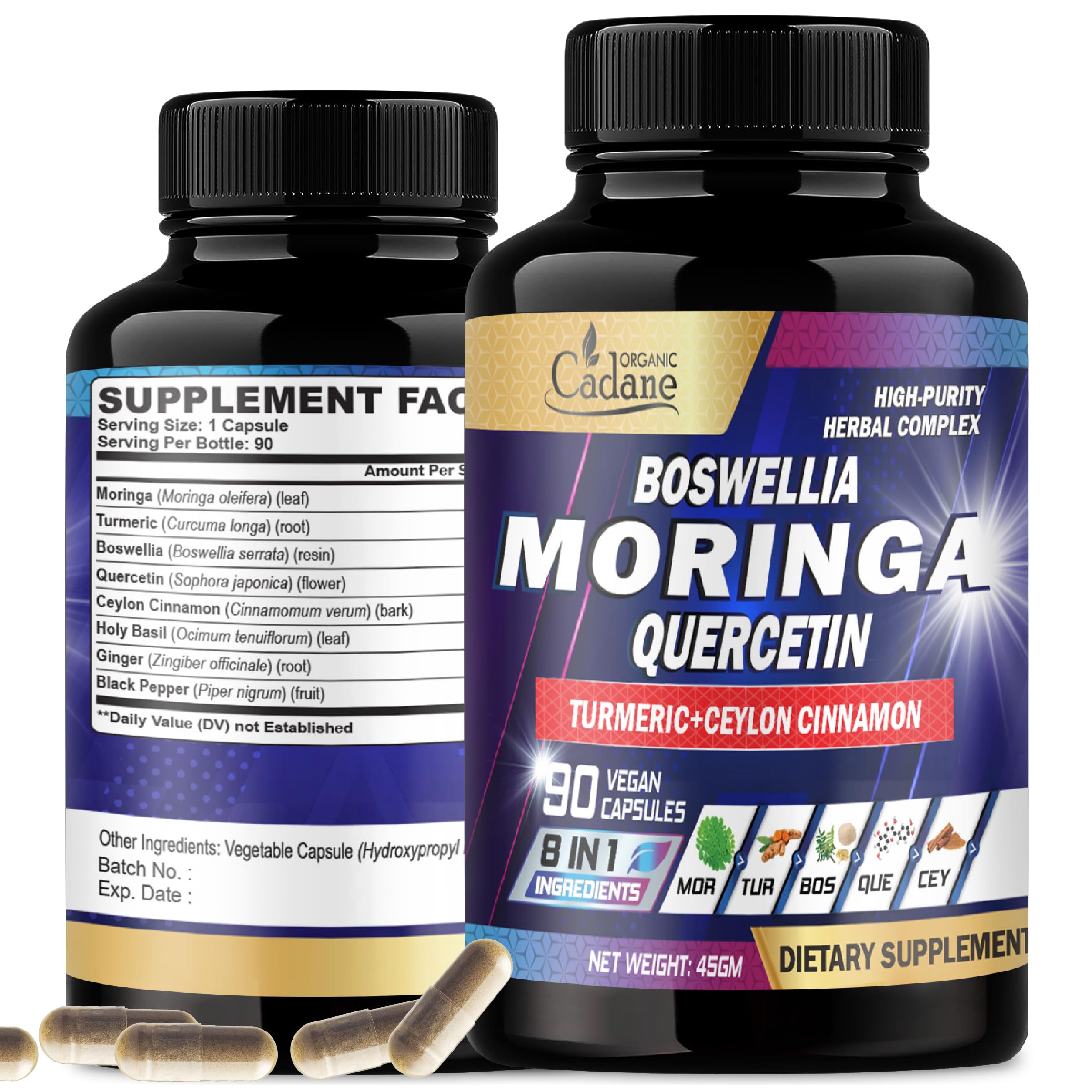 Organic Cadane Moringa Leaf with Turmeric, Boswellia, Quercetin, Ceylon Cinnamon, Holy Basil, Ginger, and Black Pepper - 8in1 Supplements - 90 Veggie Capsules for 3-Month Supply