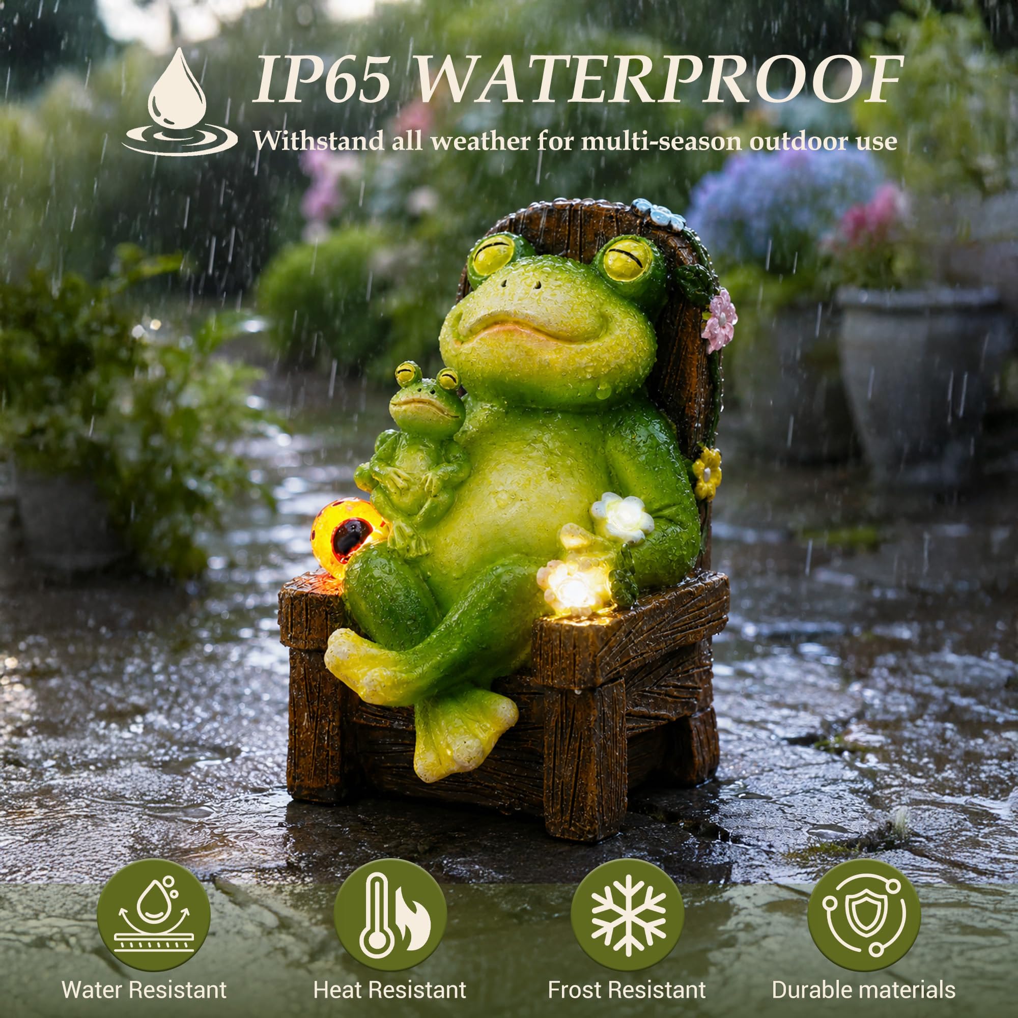 Yeomoo Statuette da giardino a energia solare con coccinelle e fiori, decorazione da giardino per esterni, divertente rana madre con bambino su sedia a dondolo, decorazione per soggiorno, giardino