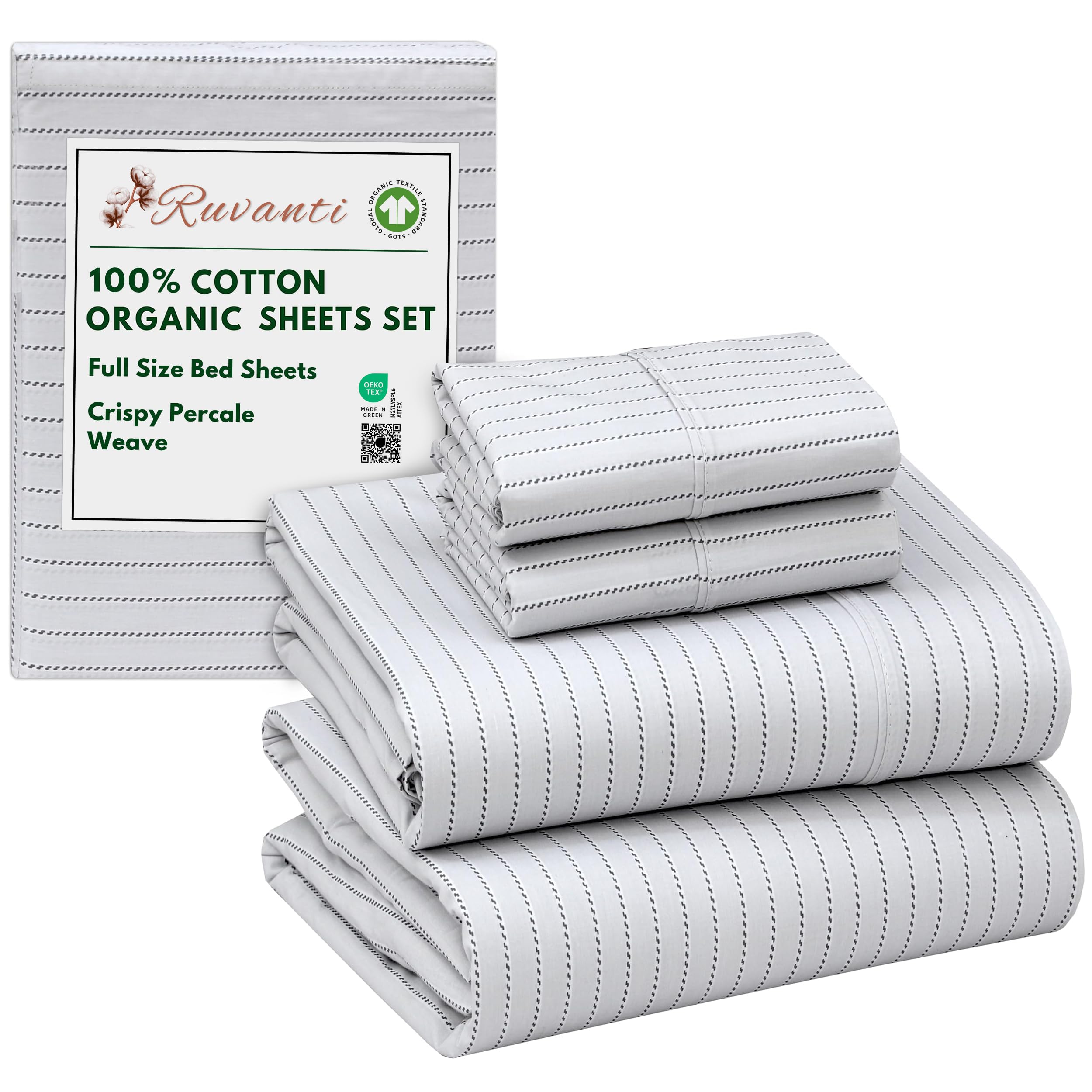 RUVANTI 100% Organic Cotton Sheets Full Size, Percale Weave, GOTS Certified, 4-Piece Set, Deep Pocket 15", Crisp & Breathable, Soft Durable Bedding, Sábanas Algodón Orgánico – Construction Line — image 1