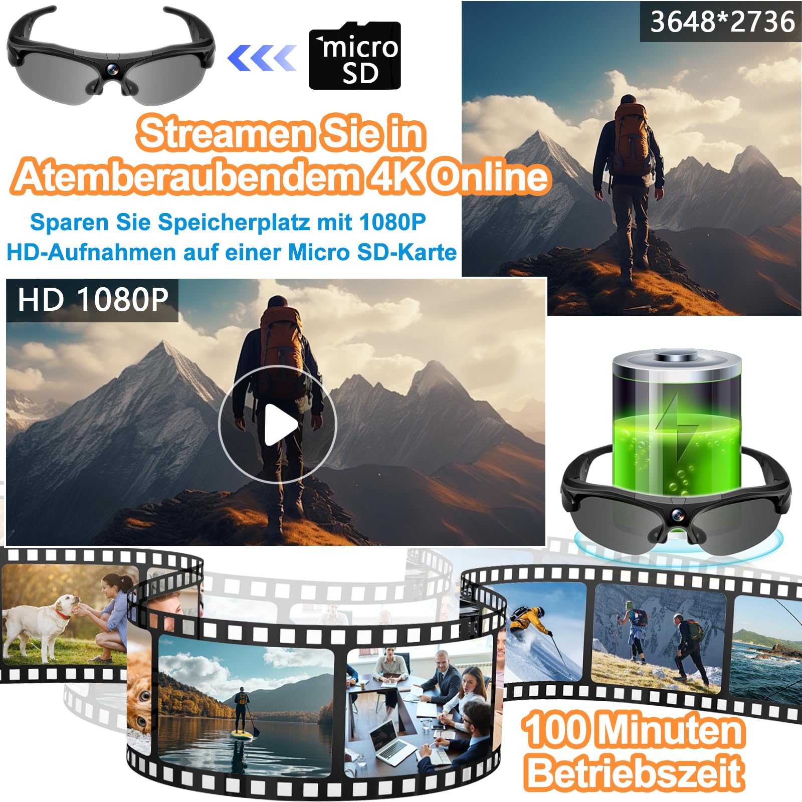 Brille mit Kamera & 1080P WiFi, 120° Weitwinkel, polarisiert für Sport | 100 Min Akku, 256GB Speicher, polarisierte Linsen (UV-Schutz), Loop-Aufnahme, inkl. Zubehör-Set