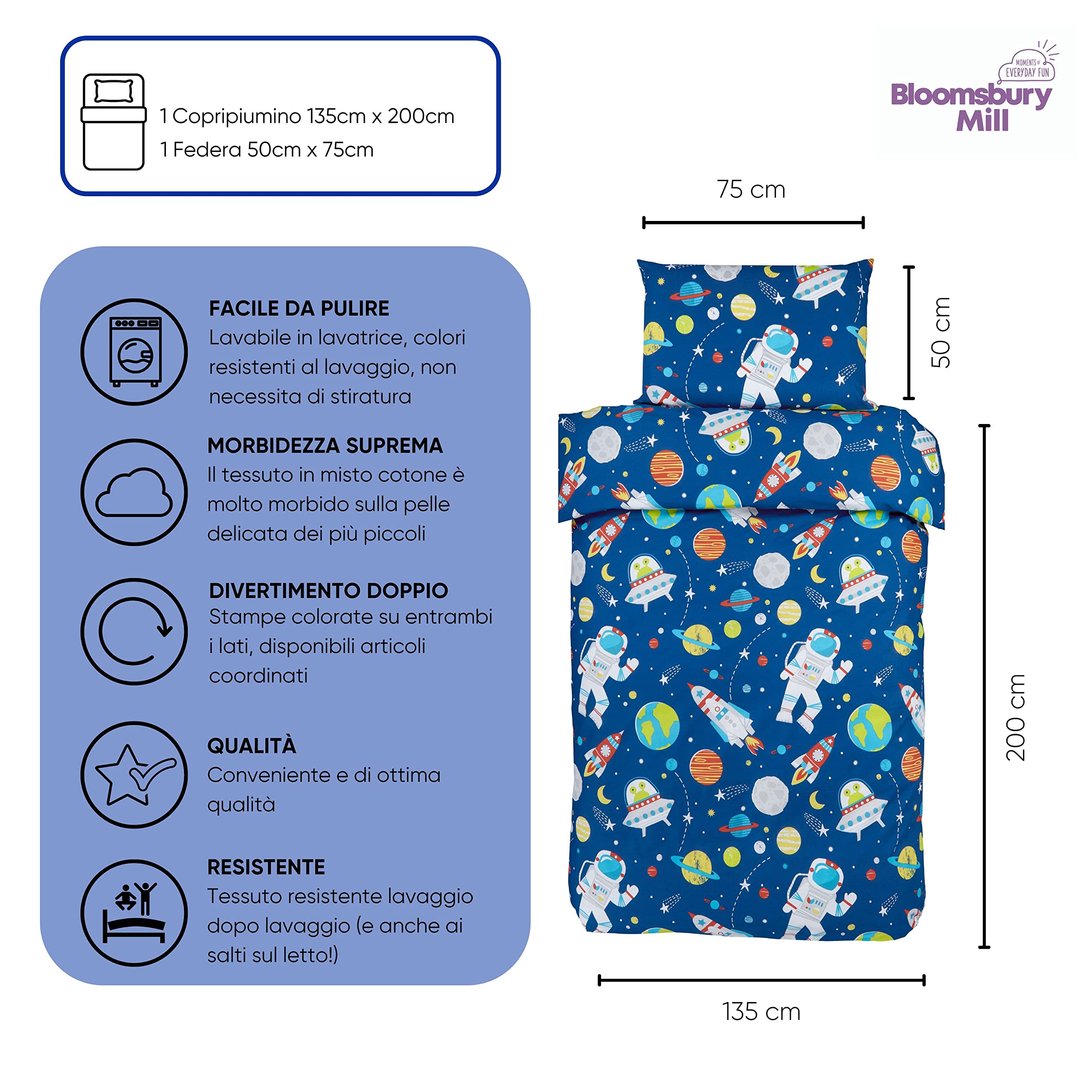 Bloomsbury Mill – Set Copripiumino Singolo – Lo Spazio Esterno, Pianeti e Razzi - Lenzuola Letto Reversibile Per Ragazzi e Ragazee - Set di biancheria da letto per bambini - 135 x 200 cm e Federe