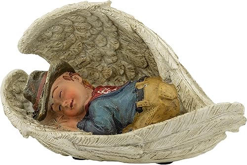 Pequeño vaquero durmiendo en alas de ángel | Forma de concha dulce | Niño pequeño vestido como vaquero occidental | Decoración rústica para el hogar
