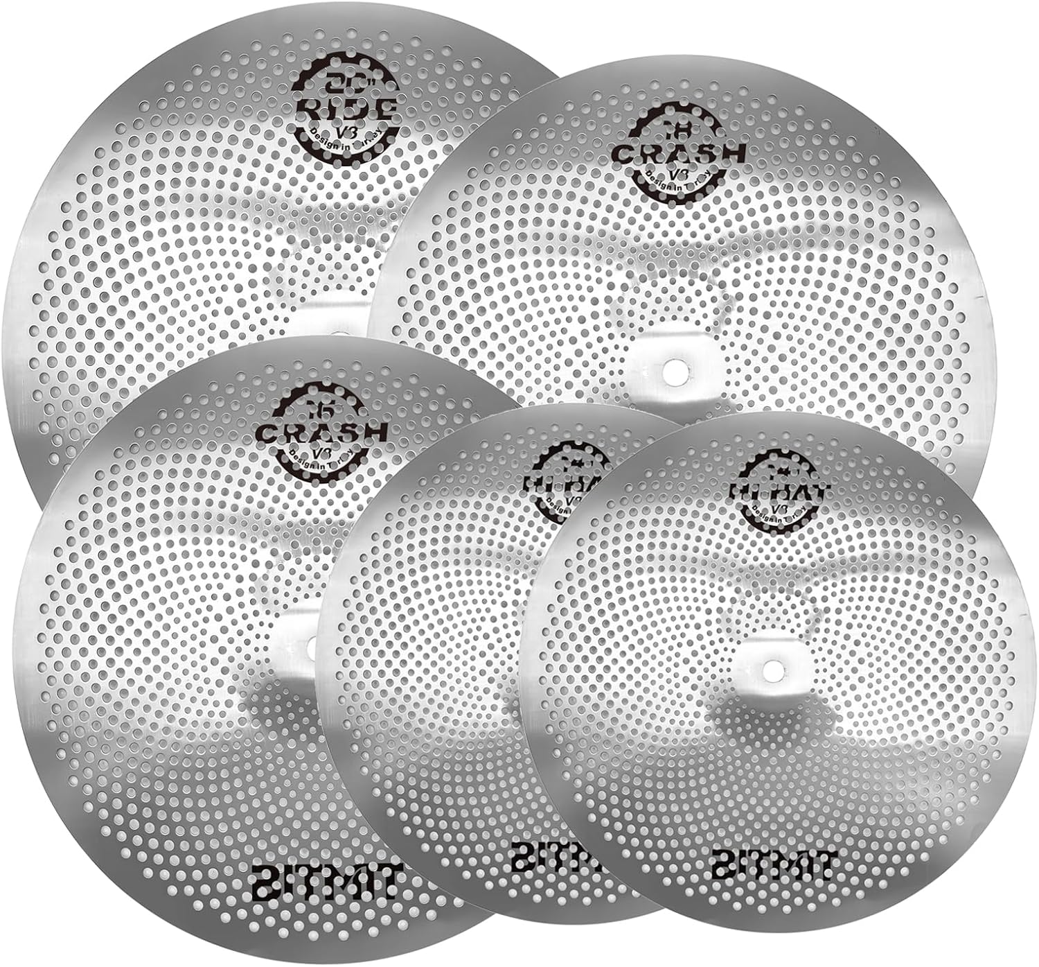 Low Volume Cymbal Pack,5 Pieces Set -14" Hi-Hats, 16" Crash, 18" Crash, 20" Ride for Drum Set Practice, Quiet Playing, Acoustic & Electronic Drums(Silver)