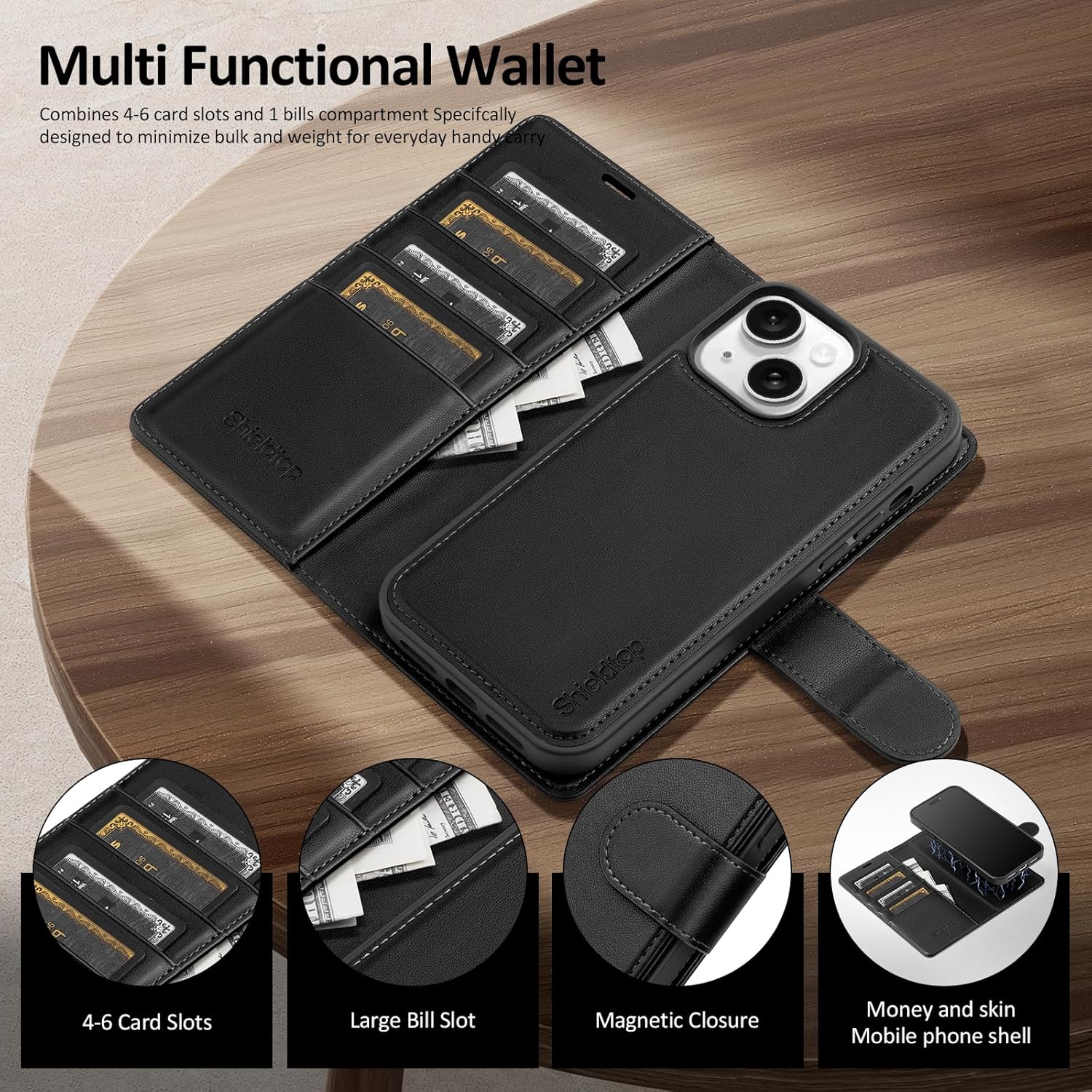 Shieldtop Compatible with Magsafe Magnetic 2 in 1 Detachable iPhone 13 Wallet Case with Card Holder Credit Slots Men Women,PU Leather RFID Blocking Flip Kickstand for Apple 13 6.1",Black