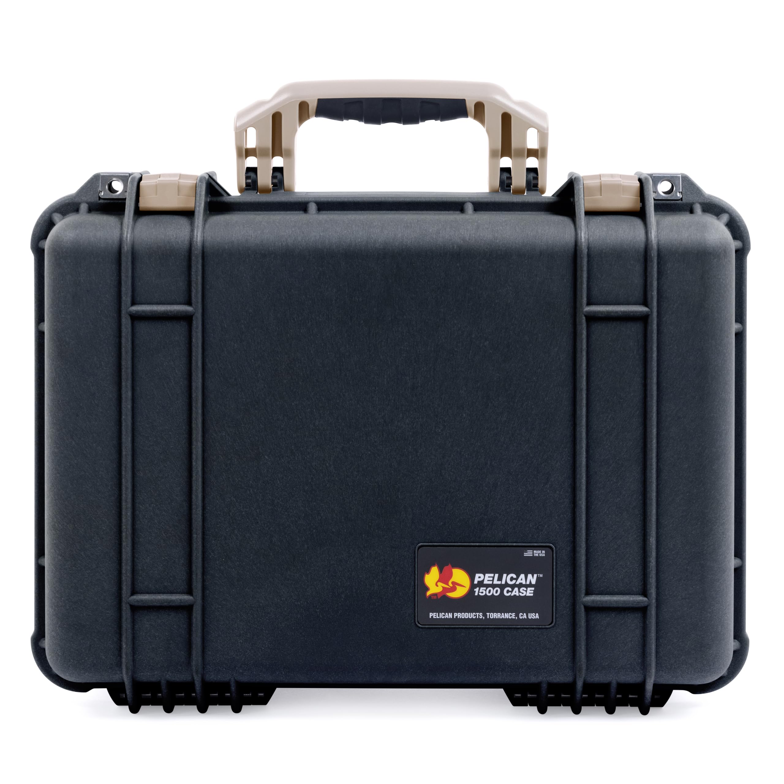 ColorCase Pelican 1500 Case Black - Medium Size Waterproof Case with Mesh Lid Organizer Only - Desert Tan Handles & Latches