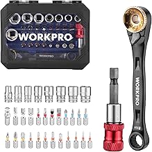WORKPRO 34 Piece Socket and Bit Set, 1/4" Mini Ratchet Wrench Double Head 3-in-1, S2 Steel Screwdriver Bits, Magnetic Bit Holder and Adapter, Car Repair Tools