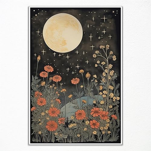 Lienzo decorativo vintage de flores de luna, póster retro místico de luna celestial, impresión de campo de flores silvestres color naranja y