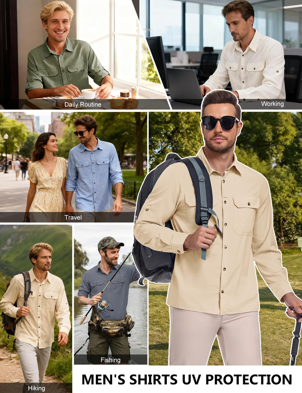 heekpek Camicia Uomo Manica Lunga Estive UPF 50 Maglietta Anti UV Traspirante Funzionale Camicie per Safari Trekking Pesca