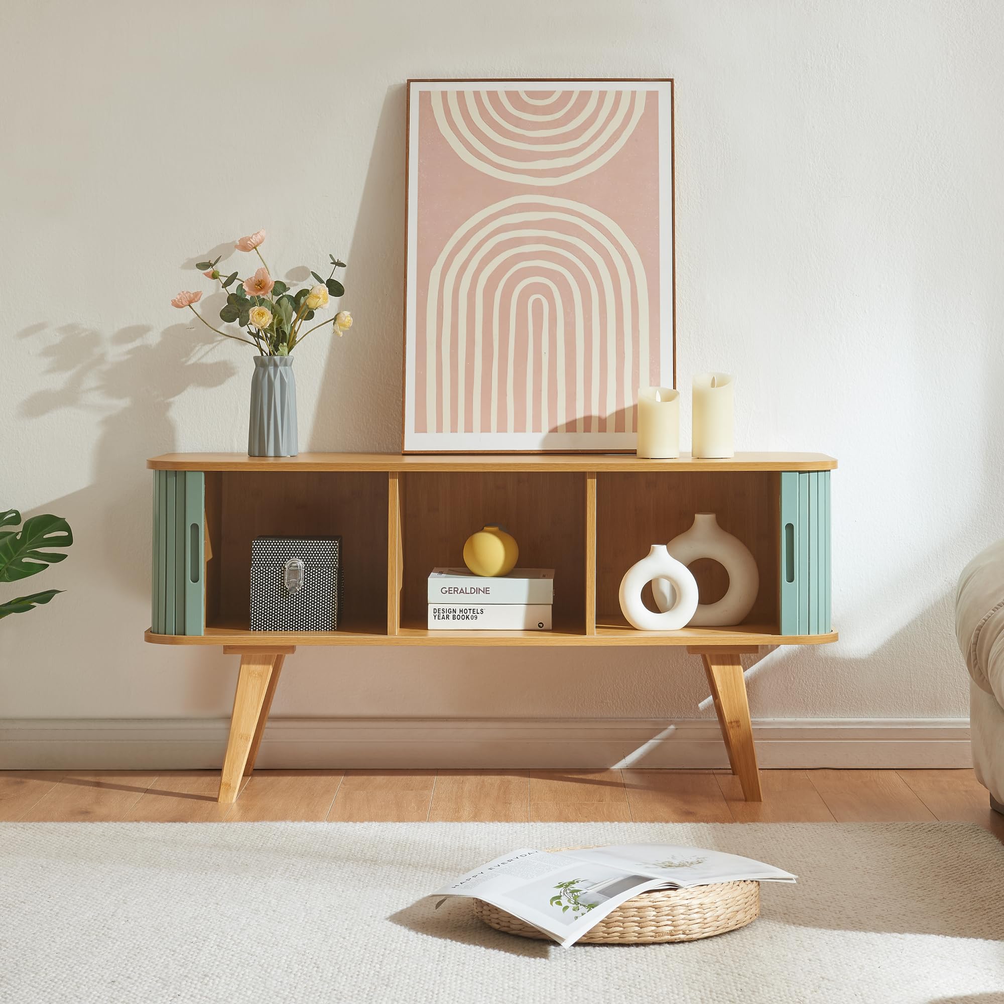 [en.casa] Szafka pod telewizor z przesuwanymi przegrodami i drzwiami szafa niska, stojak na telewizor i centra multimedialne, 120 x 40 x 58 cm - naturalny/jasnoniebieski