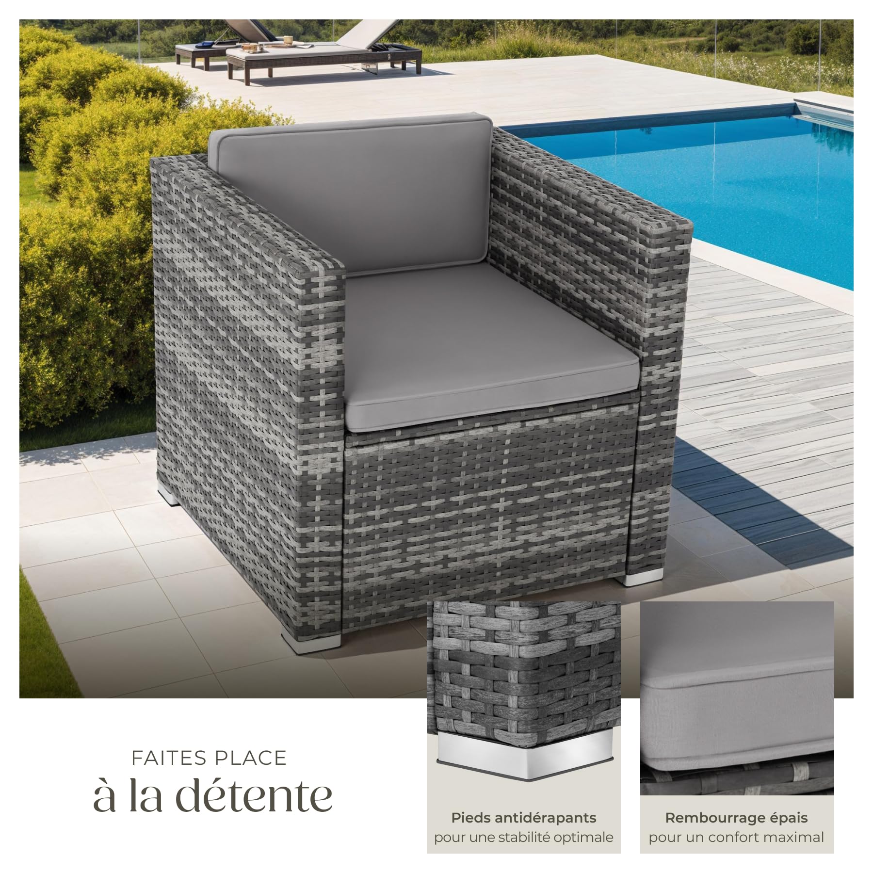 tectake® Fauteuil avec Accoudoirs pour Salon de Jardin Exterieur en Poly Rotin Salon de Jardin modulable Fauteuil Salon, Mobilier pour Amenagement Balcon Terrasse Veranda