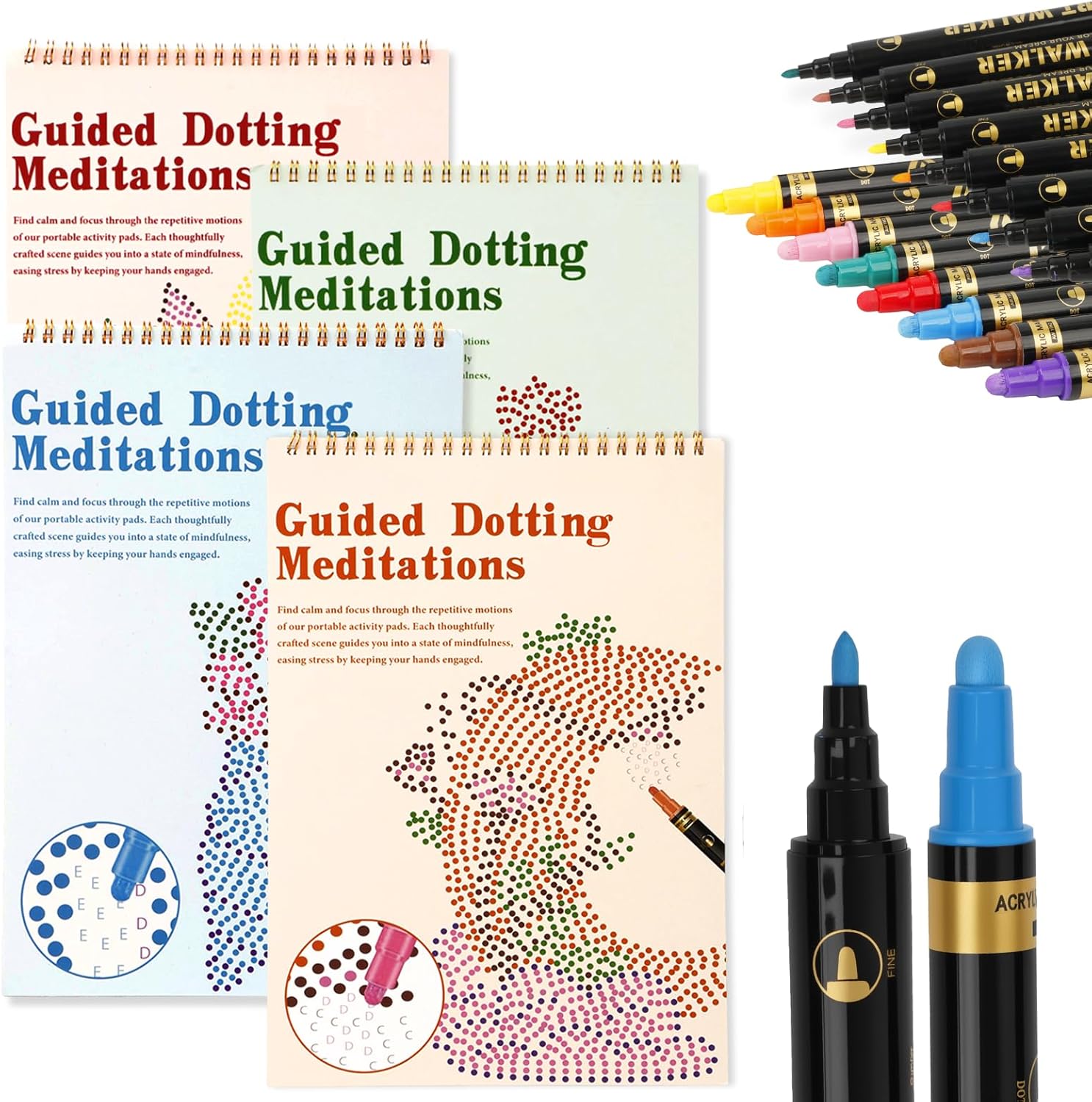 MakeBloom 4 Pack Guided Dot Coloring Books for Adults Dot Coloring for Relaxation and Stress Relief with Pens for Adults Seniors Christmas Gift