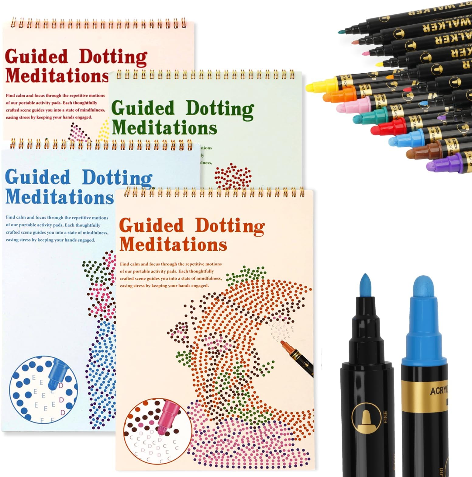 - MakeBloom 4 Pack Guided Dot Coloring Books for Adults Dot Coloring for Relaxation and Stress Relief with Pens for Adults Seniors Christmas Gift