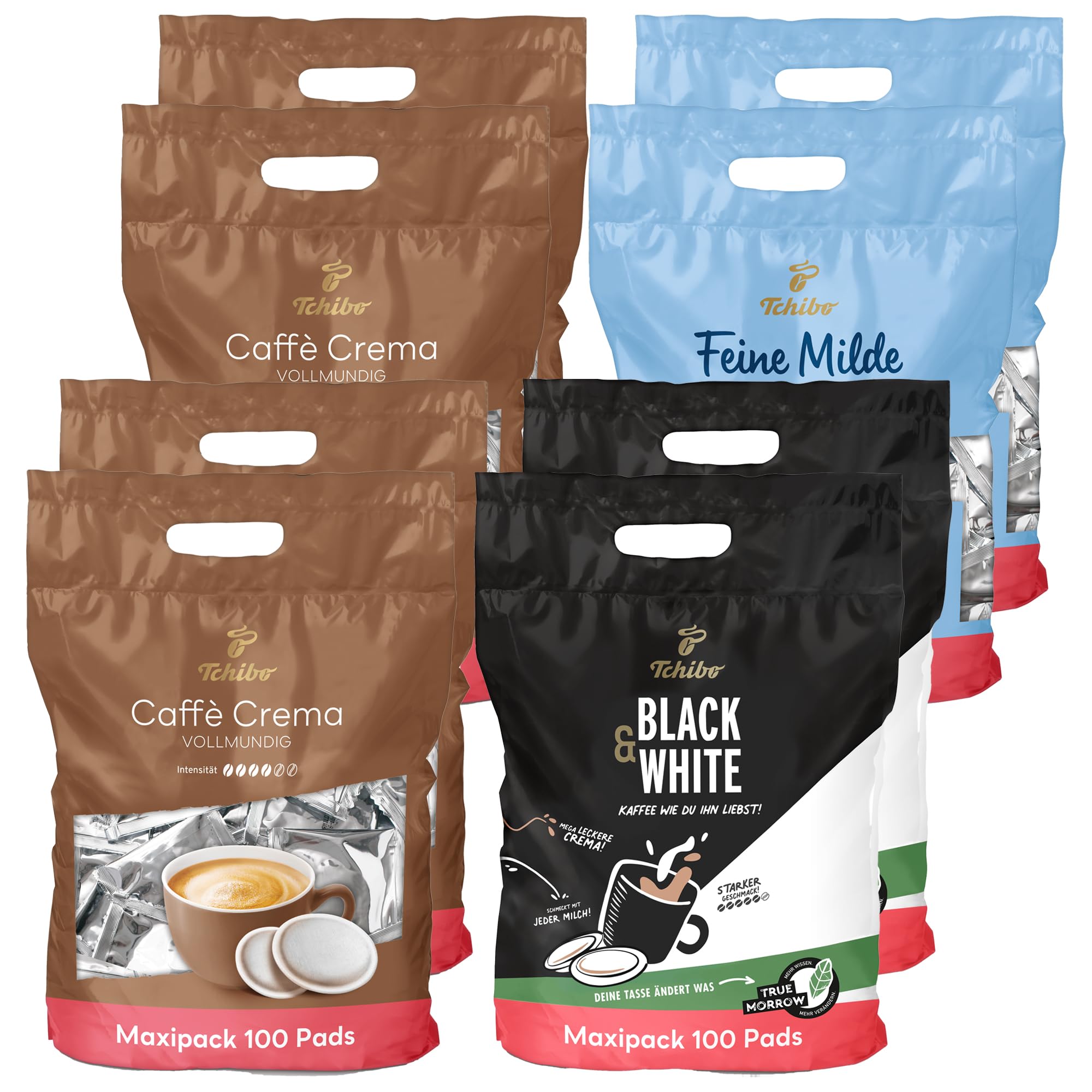 Tchibo Kaffeepads Probierset Vorratspack Maxipack, Feine Milde (2x), Caffè Crema vollmundig (4x) & BLACK&WHITE (2x), 800 Stück – 8x 100 Pads, nachhaltig, geeignet für Senseo Maschinen