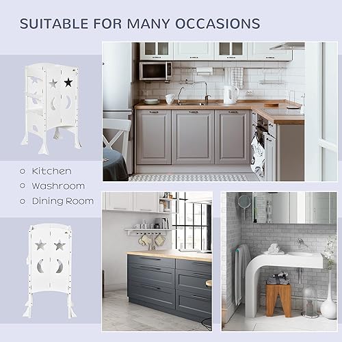 Miniatura 7 de Qaba Taburete plegable de cocina para niños con pizarra y pasamanos con cerradura para niños de 3 a 6 años, color blanco