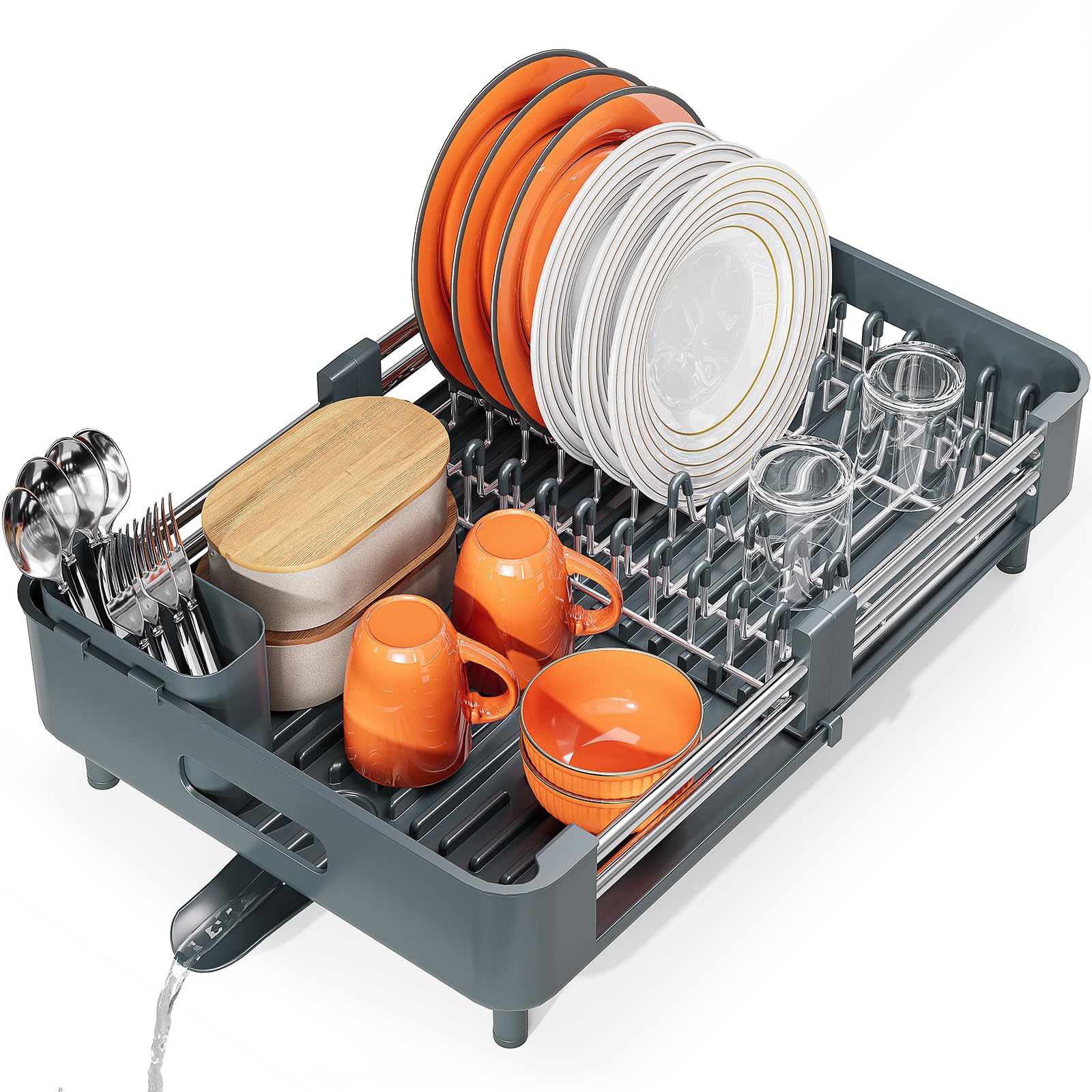 Urackify Égouttoir à vaisselle extensible en acier inoxydable | Pour plan de travail de cuisine, égouttoir avec porte-couverts amovible