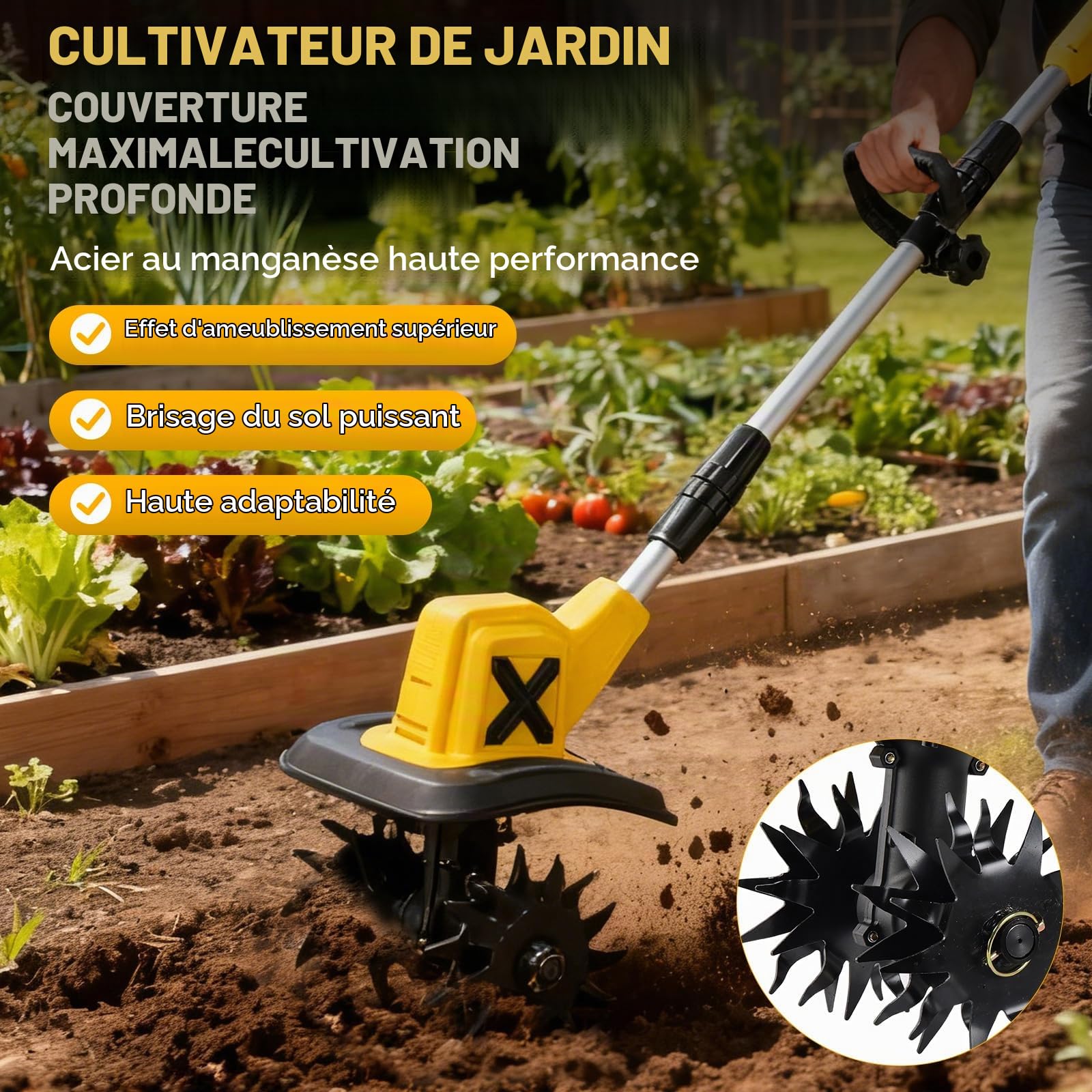 Motobineuse Électrique sans Fil - 600W, avec Batterie 2 x 4.0Ah 450 TR/Min Motoculteur Largeur 23cm Profondeur 17cm Cultivateur Puissant pour Desherbage Ameublissement du Sol et Plates-Bandes Surlev