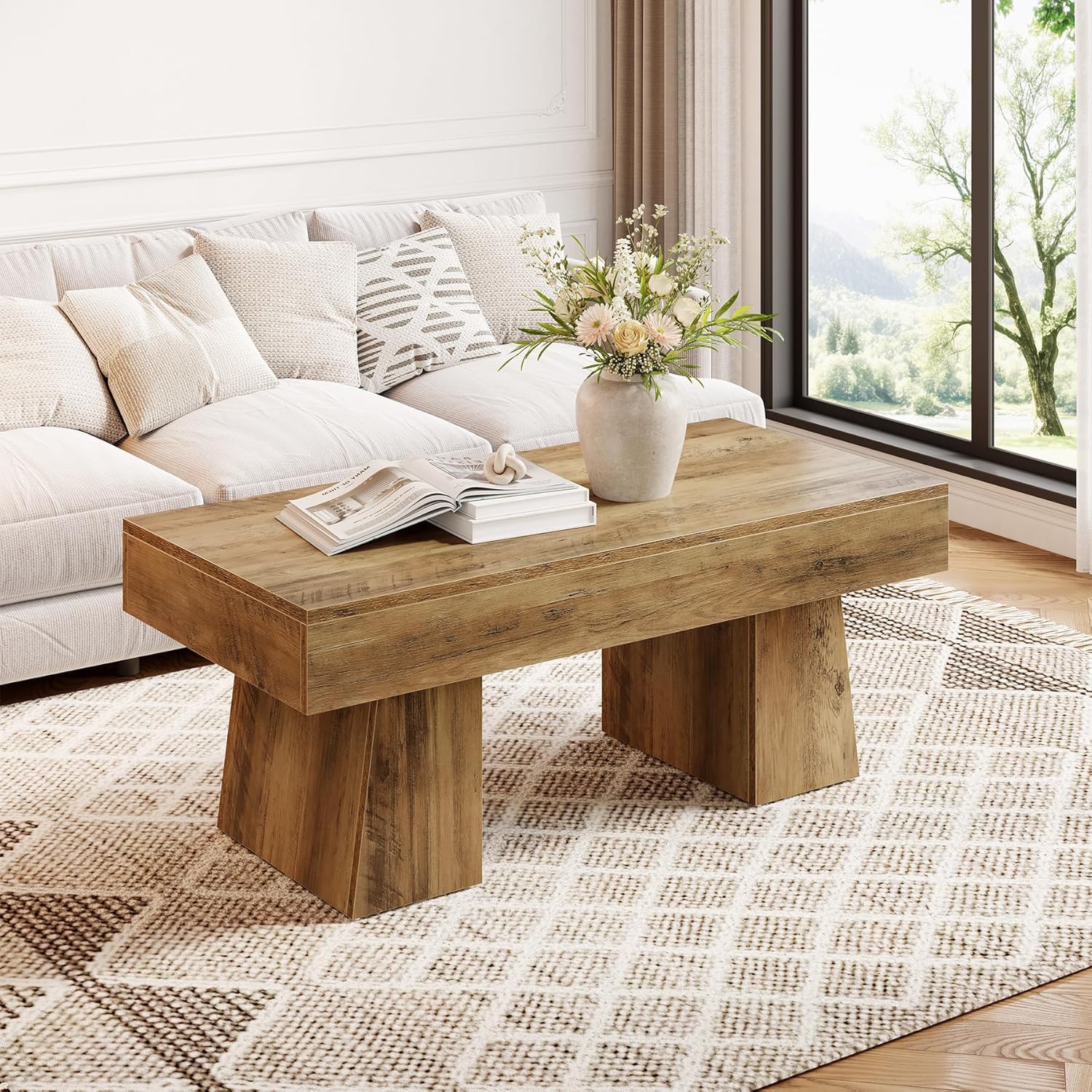 Tribesiigns Farmhouse Coffee Table, 120cm Wooden Rectangular Accent Center Tables with Thick Base, Modern Low Cocktail Tea Furniture for Living Room