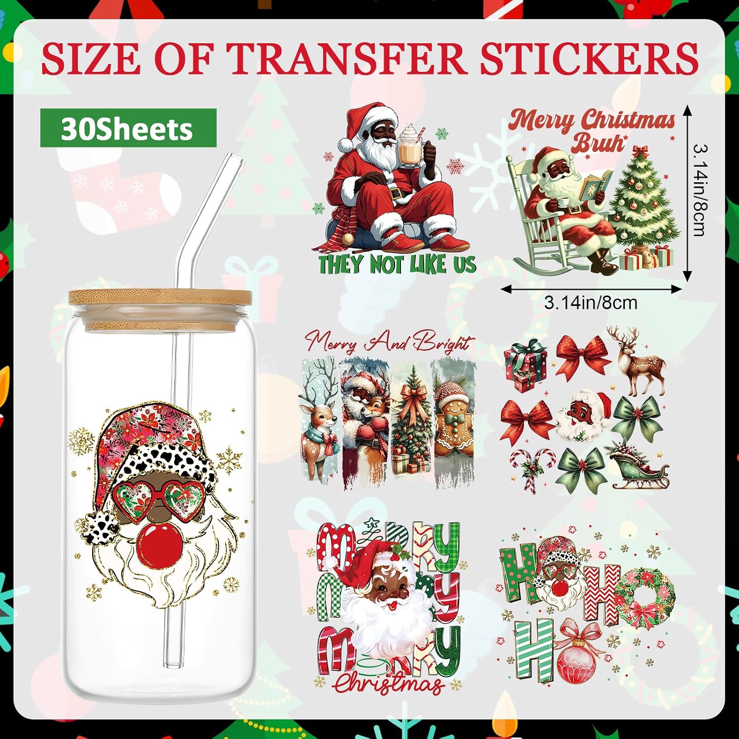 30Pcs Christmas Uv Dtf Cup Wraps for 16 oz Glass Water Bottle Vintage Black Santa Claus Waterproof Rub On Transfer Decals for DIY Crafts Laptop