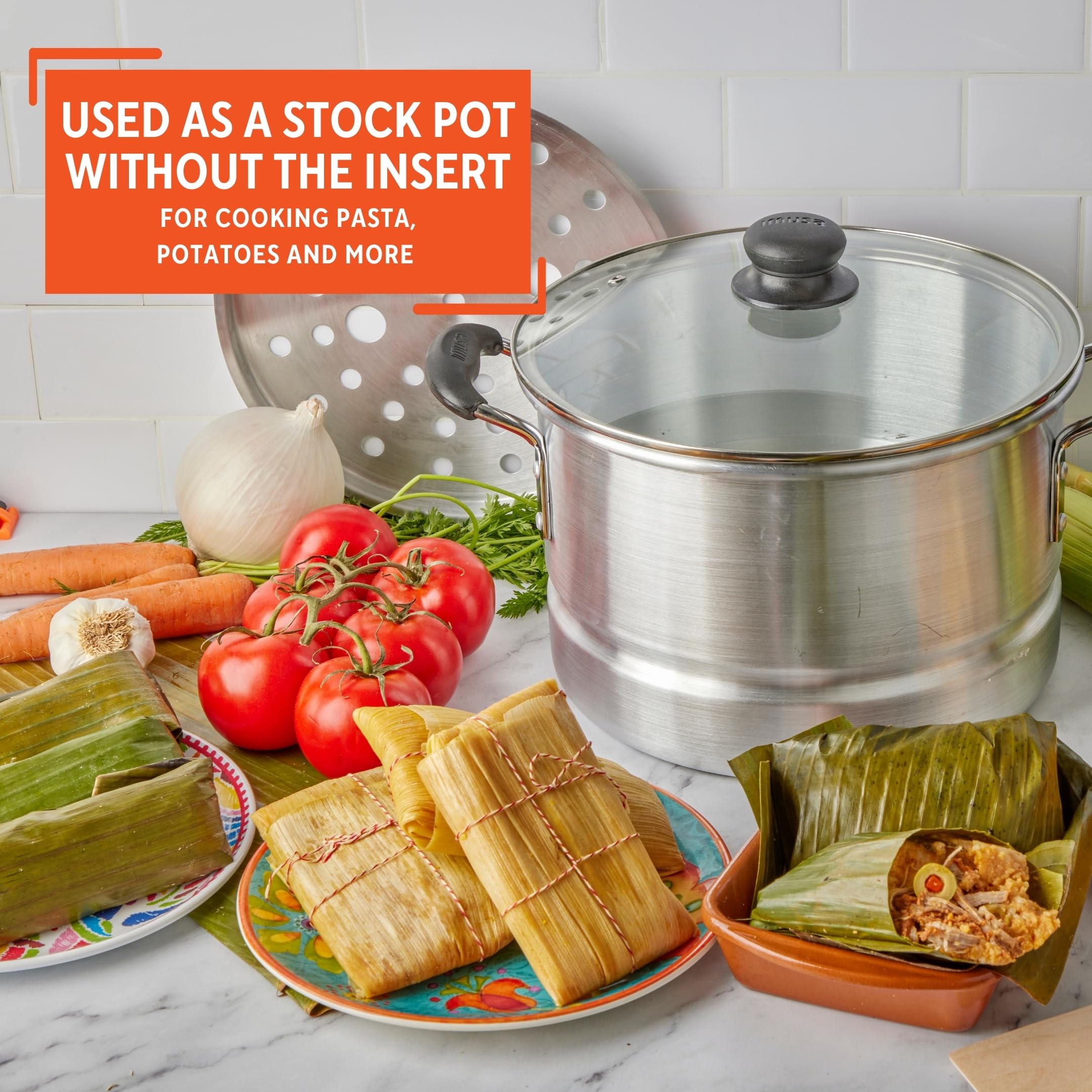 Imusa 10 Quart Aluminio Cool Touch Accesorio para cocinar al Vapor con Tapa de Cristal, Color Plateado