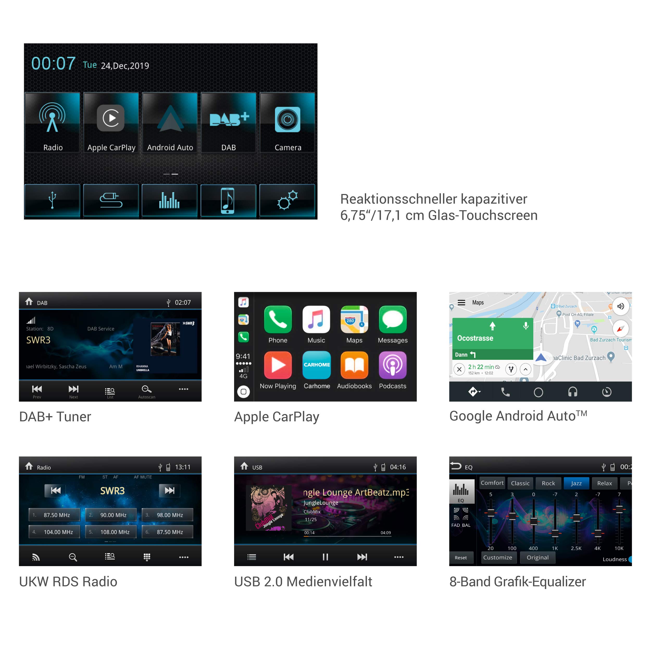 X-522: Infotainer, 2 Din Mediencenter, Multimediasystem mit 17,1 cm / 6,75“ Touchscreen, DAB+, Bluetooth, USB, Radio, Autoradio mit Apple CarPlay und Google Android Auto