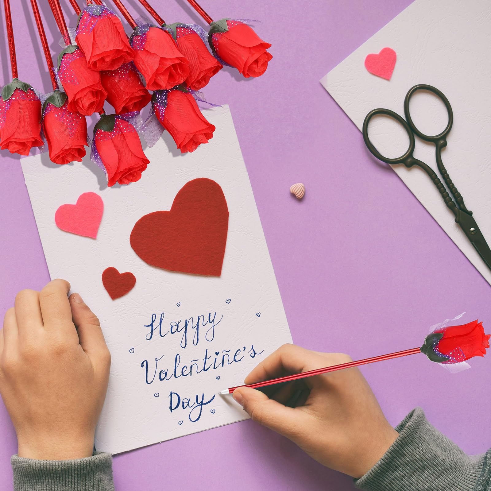 Teling Lot de 120 stylos à bille en forme de fleur de rose pour enfants et adultes - Fournitures de papeterie pour Saint-Valentin, mariage, anniversaire, Noël (rouge)