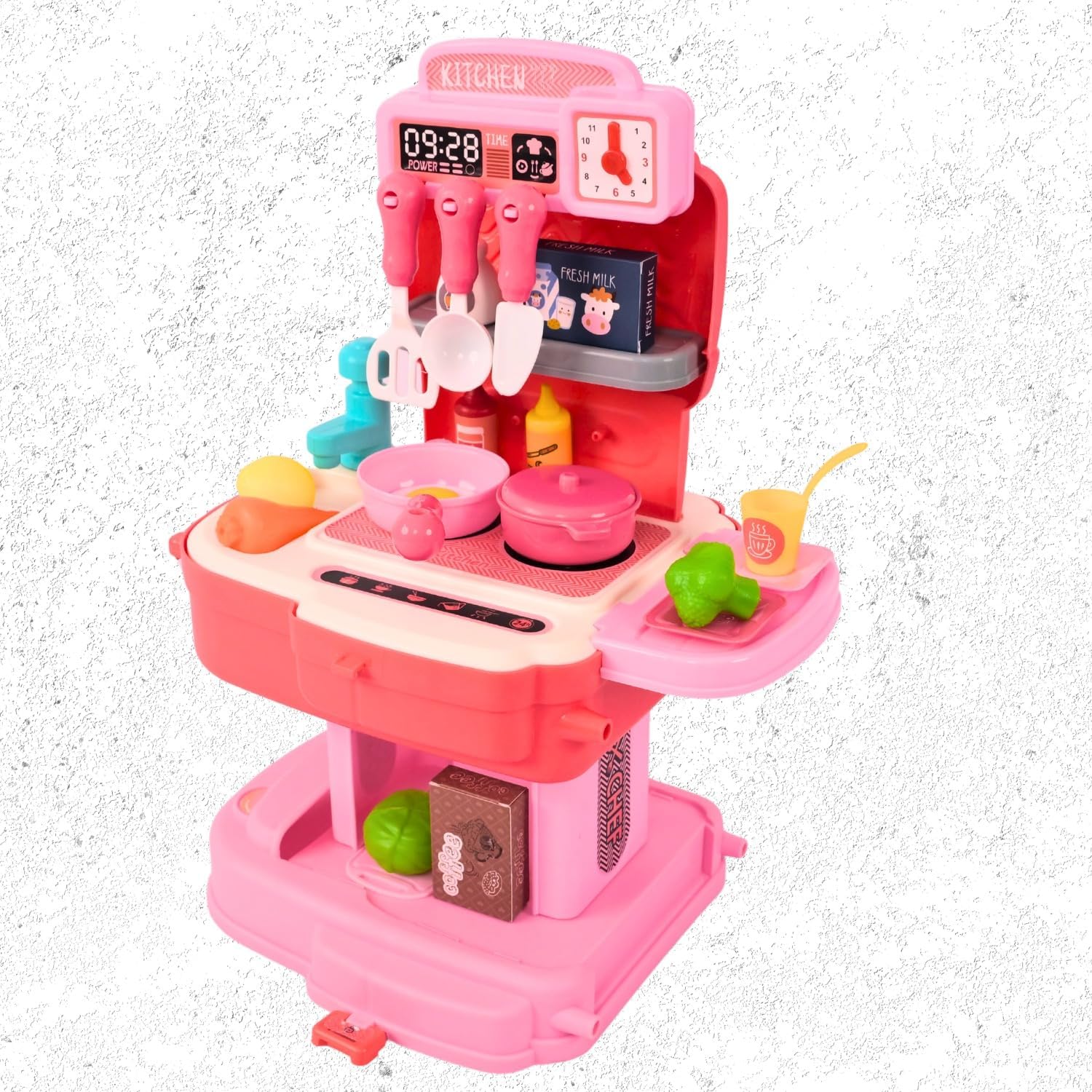 Cojuz Kitchen Sink Play Set with Automatic Water Cycle System Pretend Electric Dishwasher with Running Water Kitchen Sink Toys with Accessories for Kids (School Bag Pink) 4