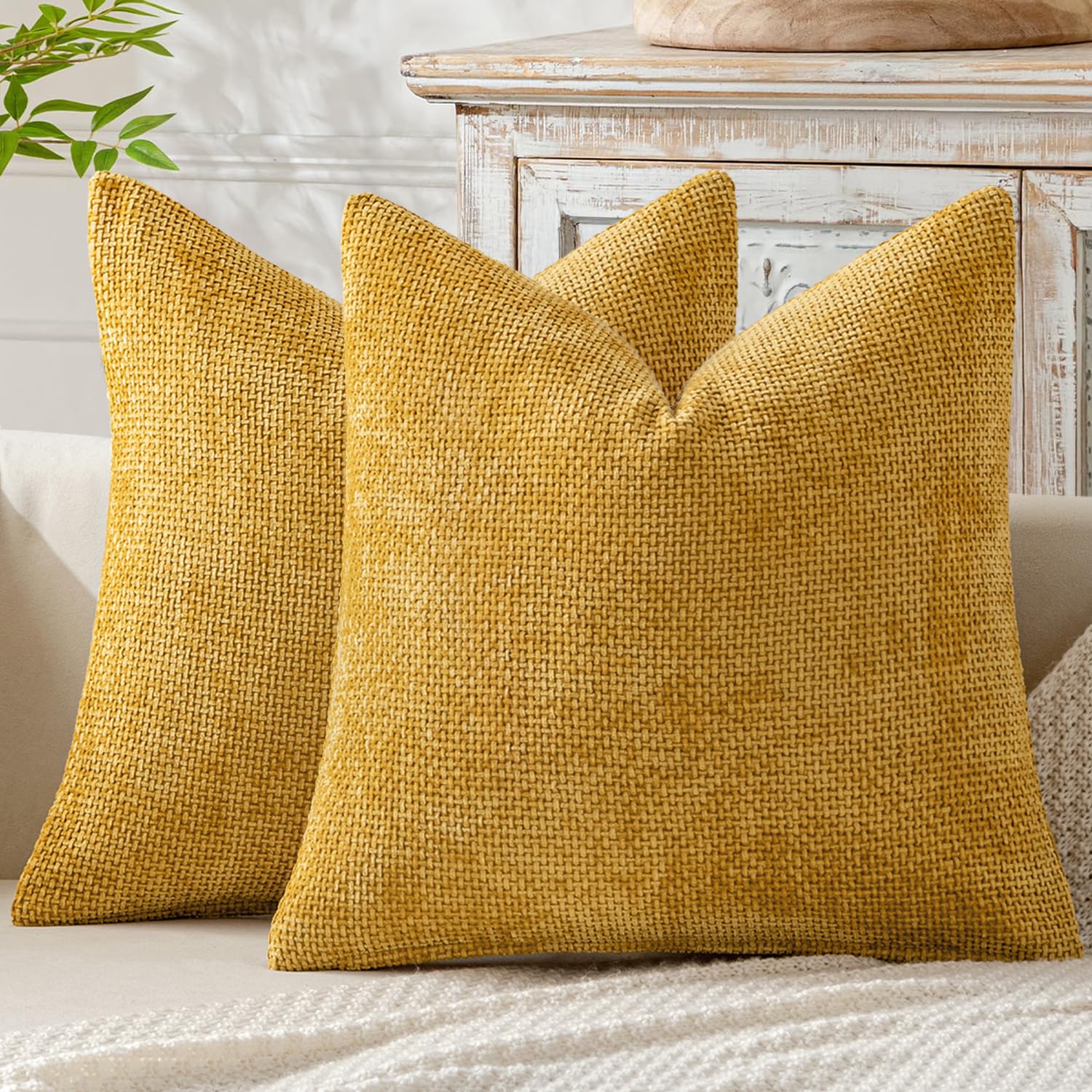 MIULEE Decorative Cushion Covers 50x50 cm Set of 2 Chenille Soft Boho Pillowcases Farmhouse Throw Pillow Covers Modern Home Decor for Couch Bed Living Room, Gold — image 1