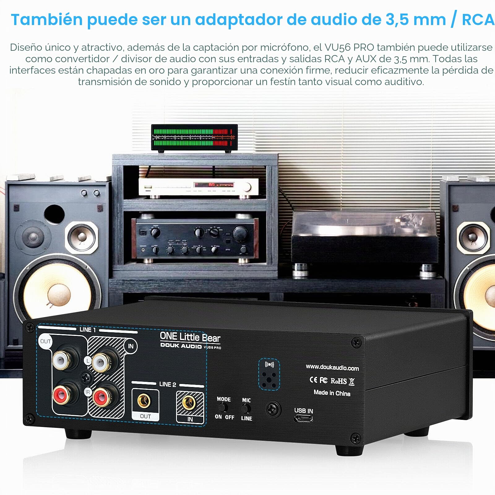 MIC+LINE - Medidor de nivel de sonido LED de dos canales, pantalla de espectro de música, estéreo RCA/adaptador de audio AUX de 3,5 mm