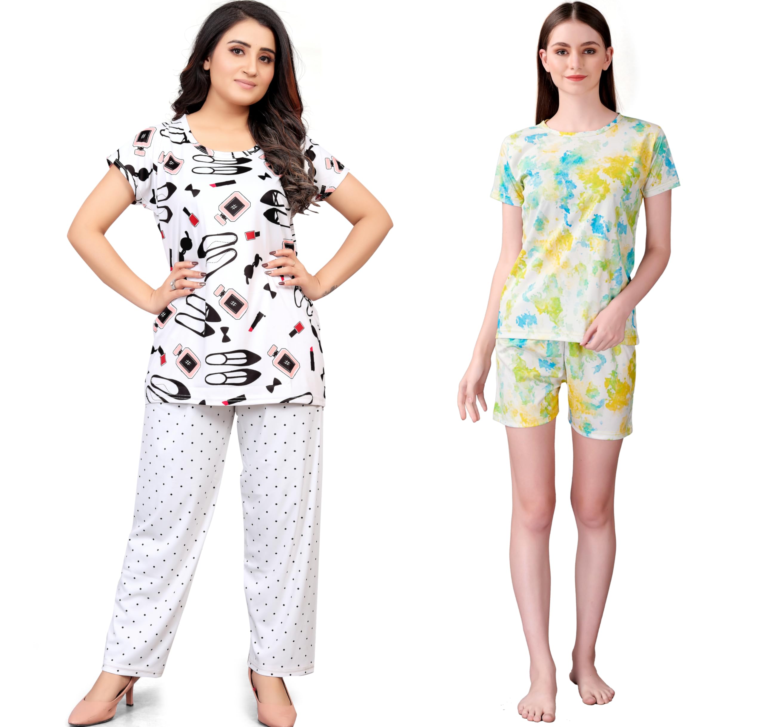 Vivaro Polyester Printed Solid Regular Top Short Sleeves Round Neck Everyday Latest Night Dress Combo for Womens Multicolor | T-Set 01 & FNC 03