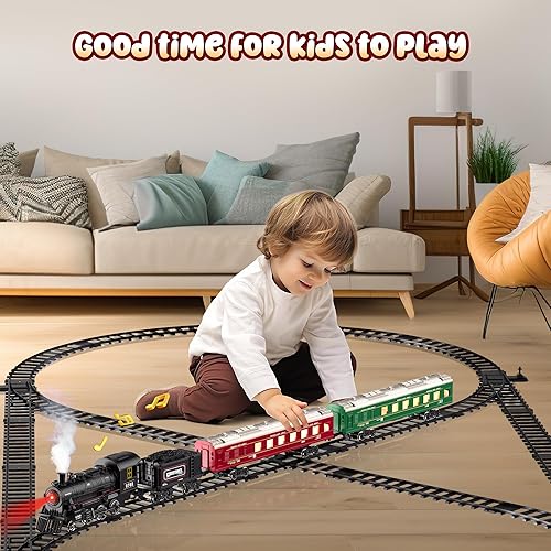Miniatura 4 de Hot Bee Juego de tren para niños, juegos de trenes de Navidad con control remoto con locomotora de vapor, autos ligeros de pasajeros y pistas,