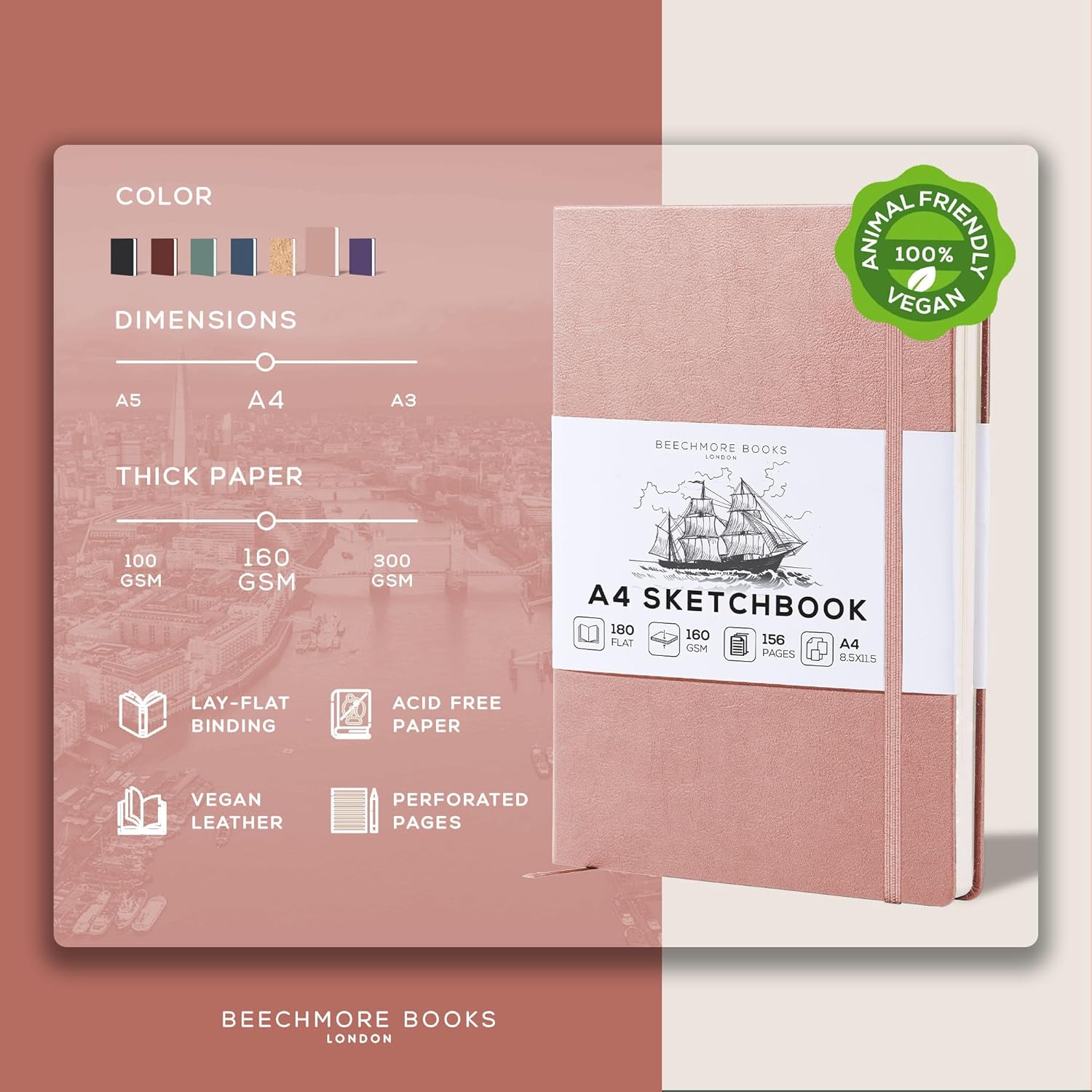 Beechmore Books A4 Mixed Media Sketchbook - 8.5"x11" Hardcover Lay-Flat Art Journal, 160 GSM / 98 lb Professional Ivory Paper, 156 Perforated Pages, Gift Box, Ink, Drawing and Light Watercolor