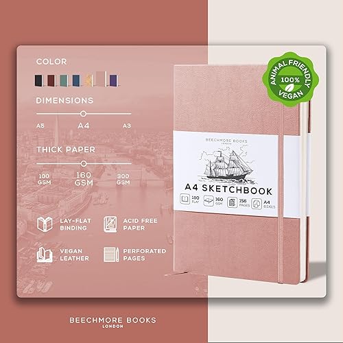 Miniatura 2 de Beechmore Books Cuaderno de bocetos A4 8.5 x 11 pulgadas, encuadernado en cuero vegano de alta calidad, tapa dura con 156 páginas gruesas de 160