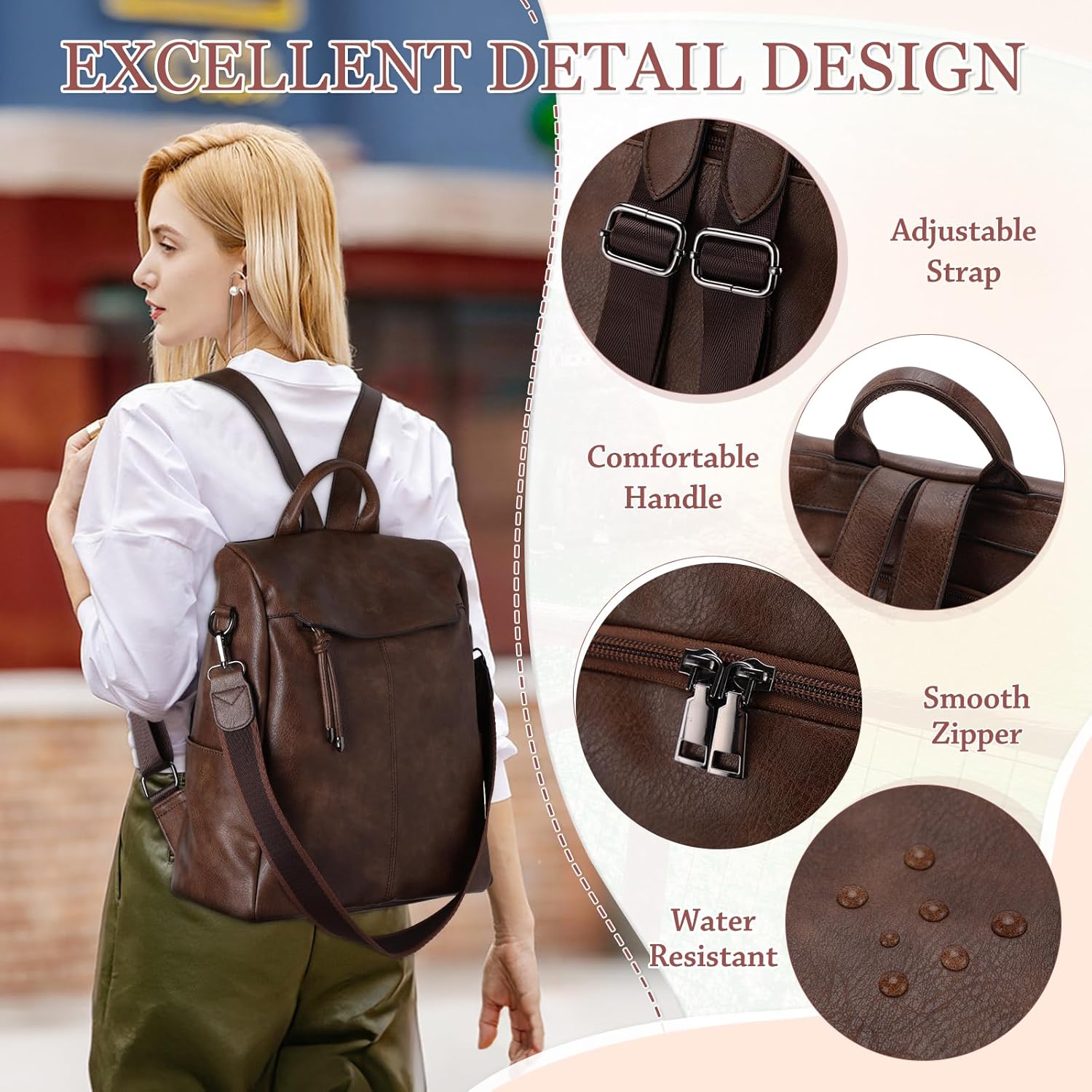 VX VONXURY Backpack Purse for Women Faux Leather Anti-Theft Backpack With Detachable Shoulder Strap Fashion Women Handbag For Daily Work Travel - Image 5