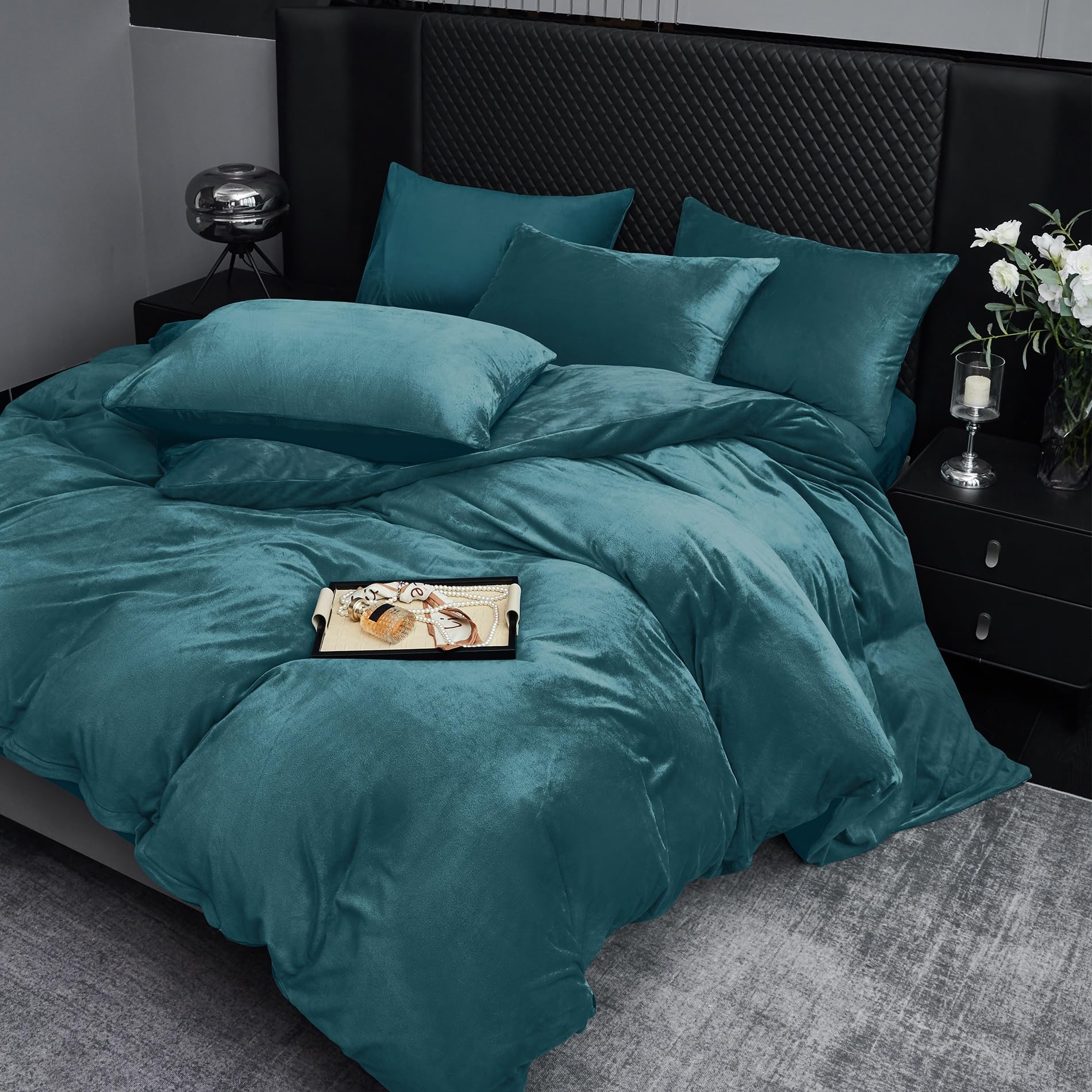 Ropa de cama de invierno 220x240 cm color petróleo liso cálida acogedora mullida ropa de cama de invierno suave cálida de terciopelo felpa vellón franela juego de funda nórdica de 3 piezas con