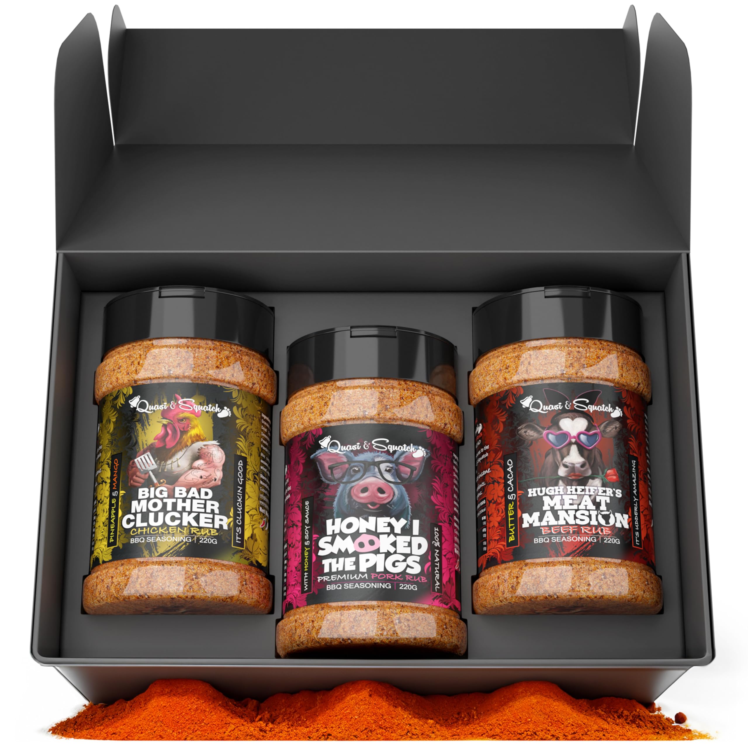 BBQ Rubs Gift Set by Quasi & Squatch - Smokey Honey Soy Sauce For Pork - Smokey Barbecue For Chicken & Meat Mansion For Beef | Perfect Blend of Spice for BBQ and Grill | 3 Packs