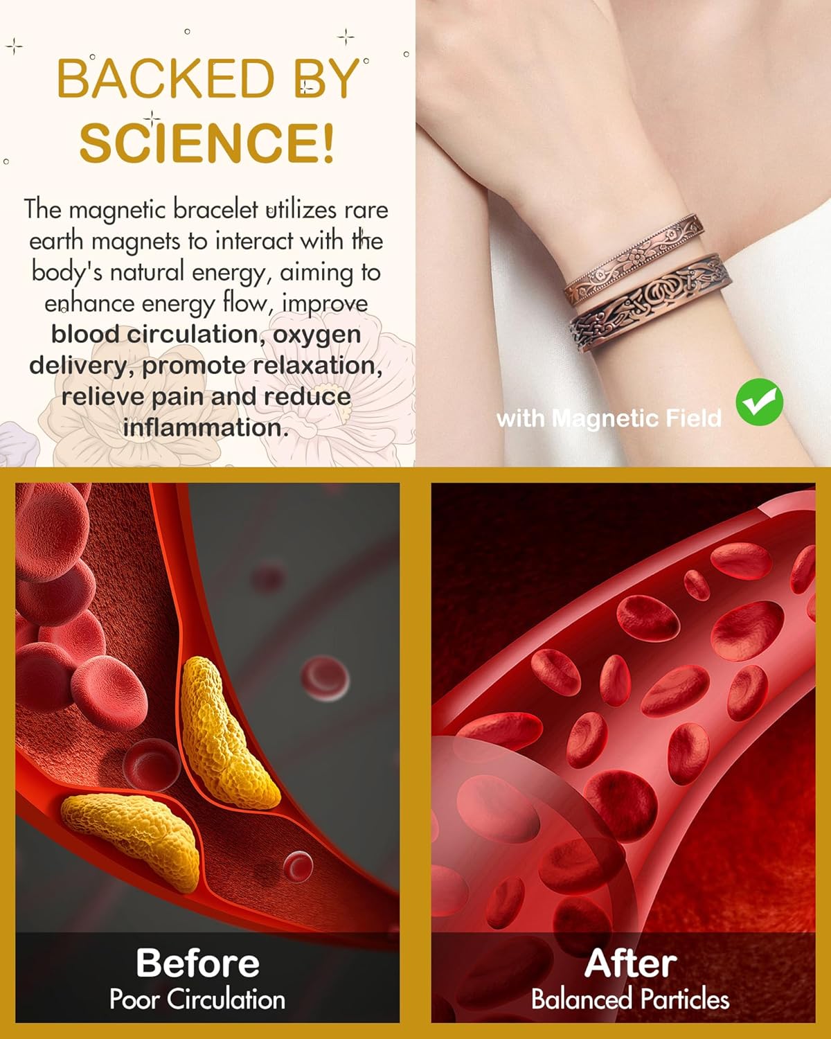 Feraco 11X Magentic Copper Bracelet for Women, 99.99% Pure Copper Cuff Bangles with Magnets, Adjustable Jewelry Gifts (Viking & Blossom) - Image 4