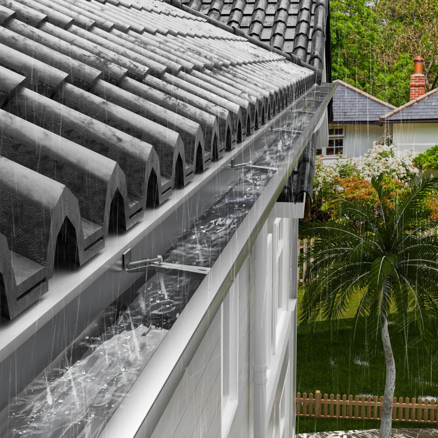 Benfar 25Pack 5 Inch K-Style Gutter Hangers Pre-Inserted Screw with 3Pack HDPE Trench Drain for Roof Yard Drainage System Heavy Duty Rust Resistant