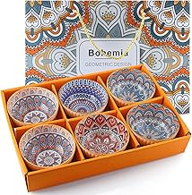 Sanbege Ceramic Rice Bowls 10 oz, Bohemian Style Bowl Gift Set, Assorted Dinnerware Serving Bowls for Cereal, Soup, Dessert, Snack, Fruit, Salsa, Pack of 6 (Geometric Pattern)