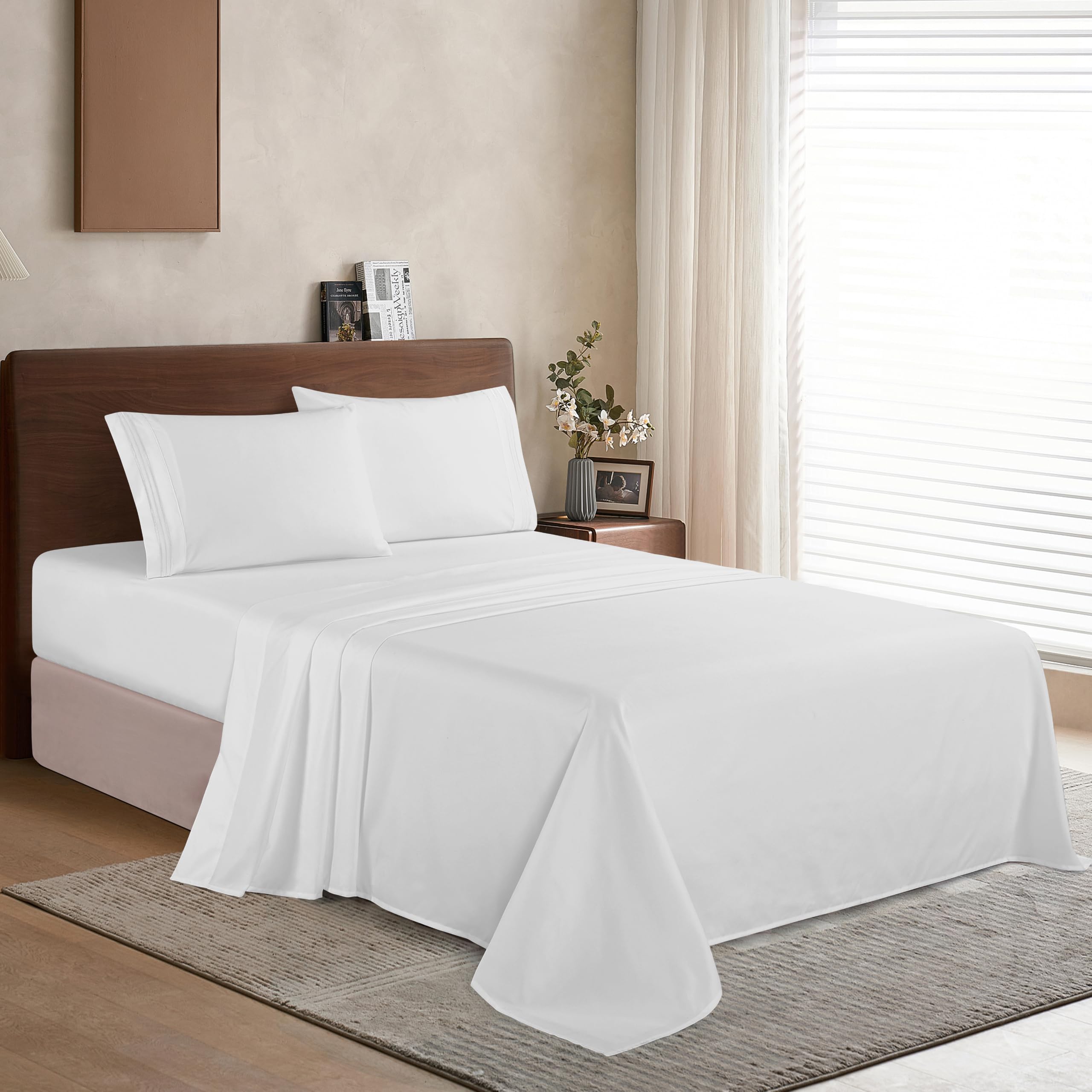Elegant Comfort Juego de sábanas de Lujo Suave de 1500 Hilos, Calidad egipcia, 3 Piezas, Resistente a Las Arrugas y a la decoloración, Bolsillo Profundo, Microfibra, Blanco, Matrimonio