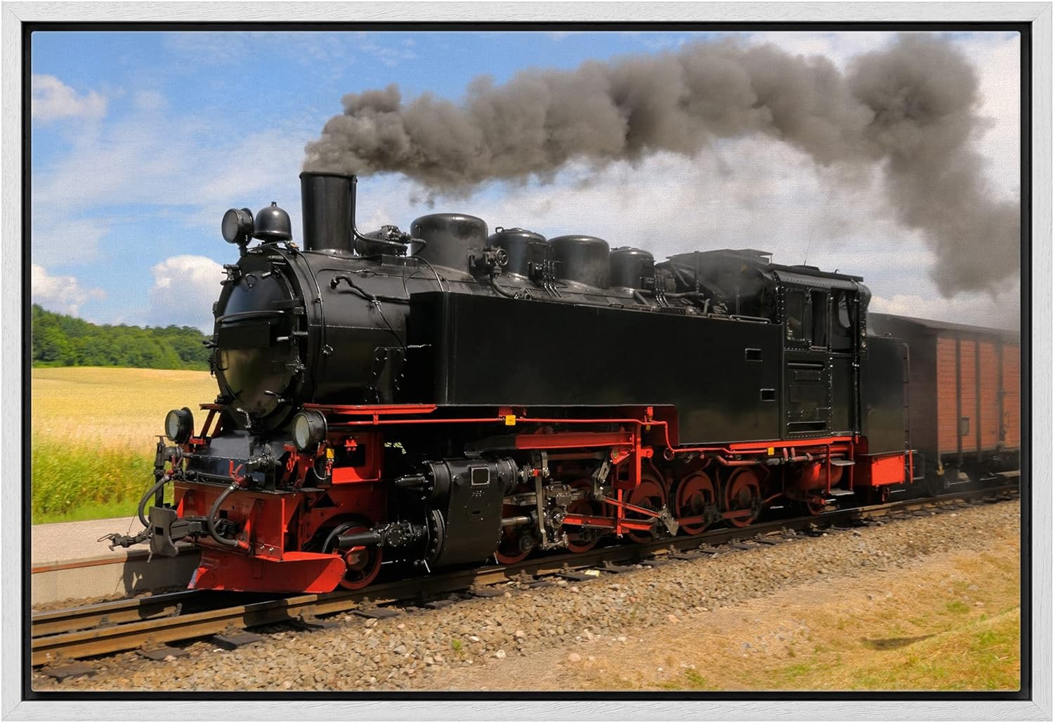 Steam Train with Black Smoke Running on Island Rugen Northern Germany - Framed Canvas Art Wall Art - 16"x24" White