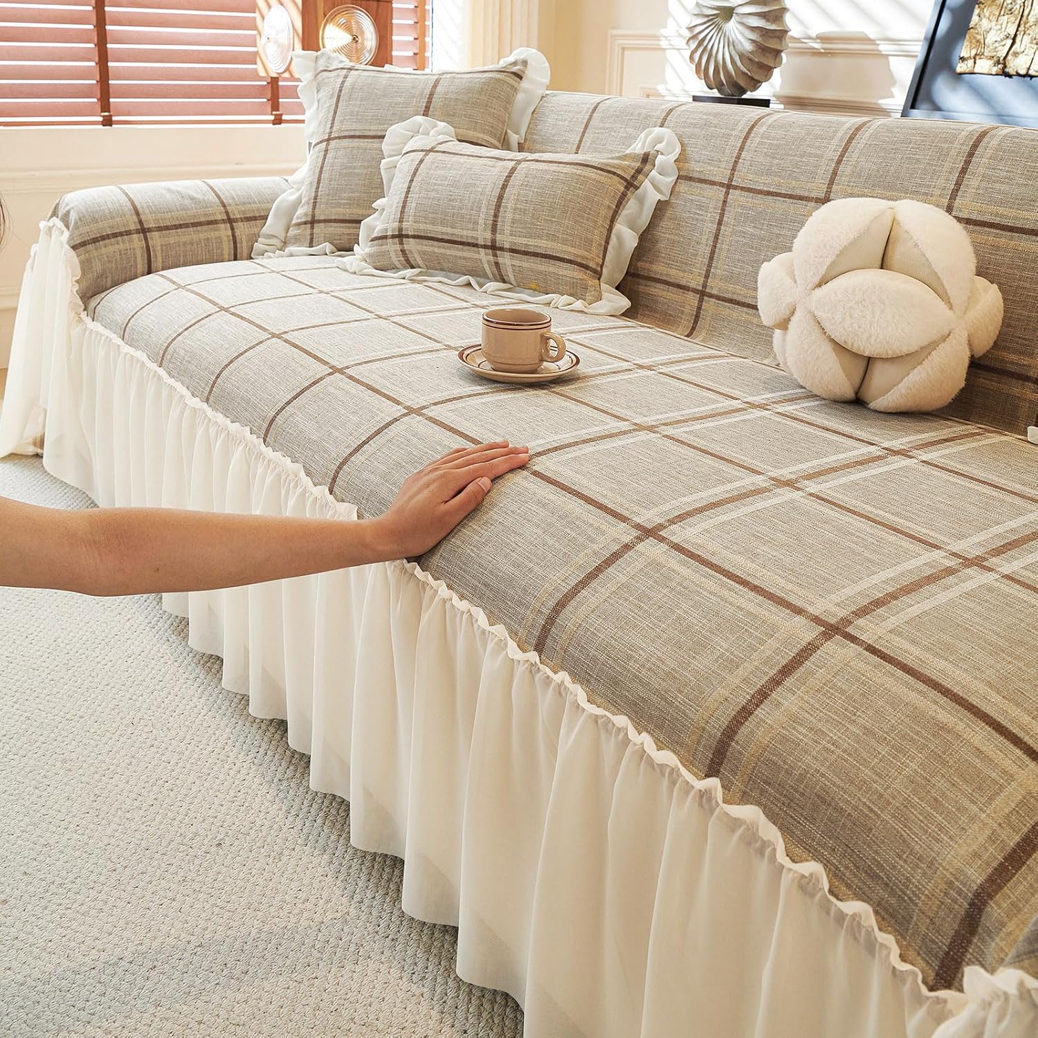 ROOMLIFE Checkered Couch Cover Boho Sofa Covers for 3 Cushion Couch Washable, Furniture Protector Sofa Couch Cover for Dogs, Soft Pet-Friendly Sofa Slipcover, Couch Blankets with Ruffle 67''X118''