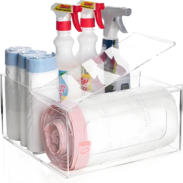 SEANADO Trash Bag Dispenser, 2 in 1 Acrylic Kitchen Organizers and Storage Under Sink Storage Box, Large Bag Container with Lid for 13 30 33 Gallon Garbage Bag