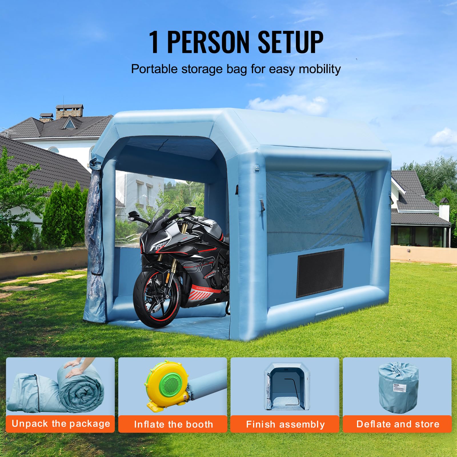 VEVOR Cabine de Peinture Gonflable 3x2,5x2,5 m, Tente Peinture Gonflable Automobile avec Souffleur Puissant de 550 W et Système de Filtration, Station de Travail pour Pose de Peinture Atelier Garage