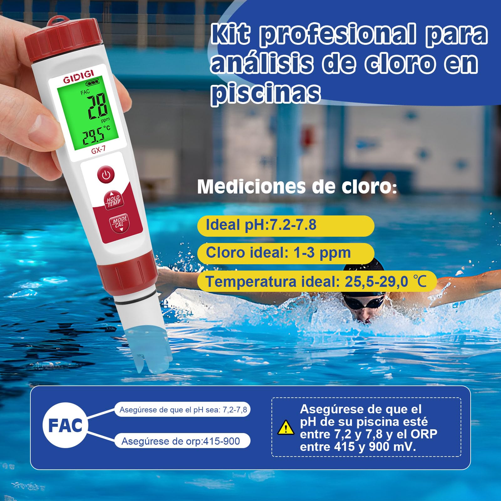 Medidor de Cloro y pH Digital, 7 en 1 Comprobador pH y Cloro Piscina, Medidor de ORP Cloro Sal EC PPM, Test Sal y Cloro para Piscinas, Hidroponía, Agua Potable y Pecera de Agua Salada