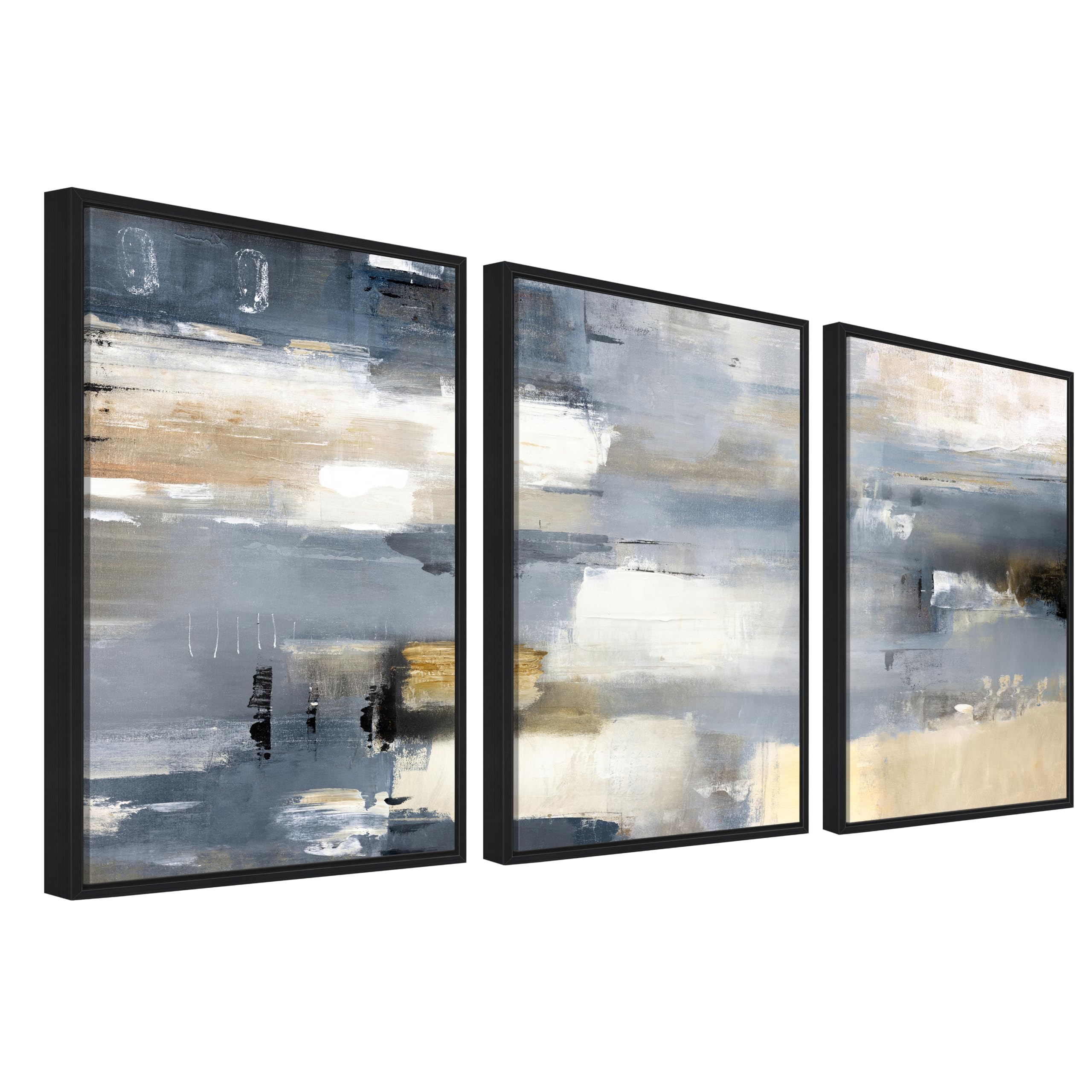 Black Framed Canvas Wall Art Set of 3 Abstract Grey Beige White Painting on Canvas Prints for Wall Poster Artworks Pictures for Living Room Bedroom Hallway Stairs 30x40cm x3pcs (No Acrylic Glass) โ image 1